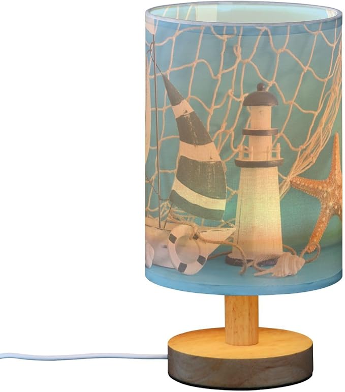 TWINKLETALE Table Lamp Nautical Sailboat Lighthouse Starfish Seashell Fishnet Blue Wood Nightstand Lamp