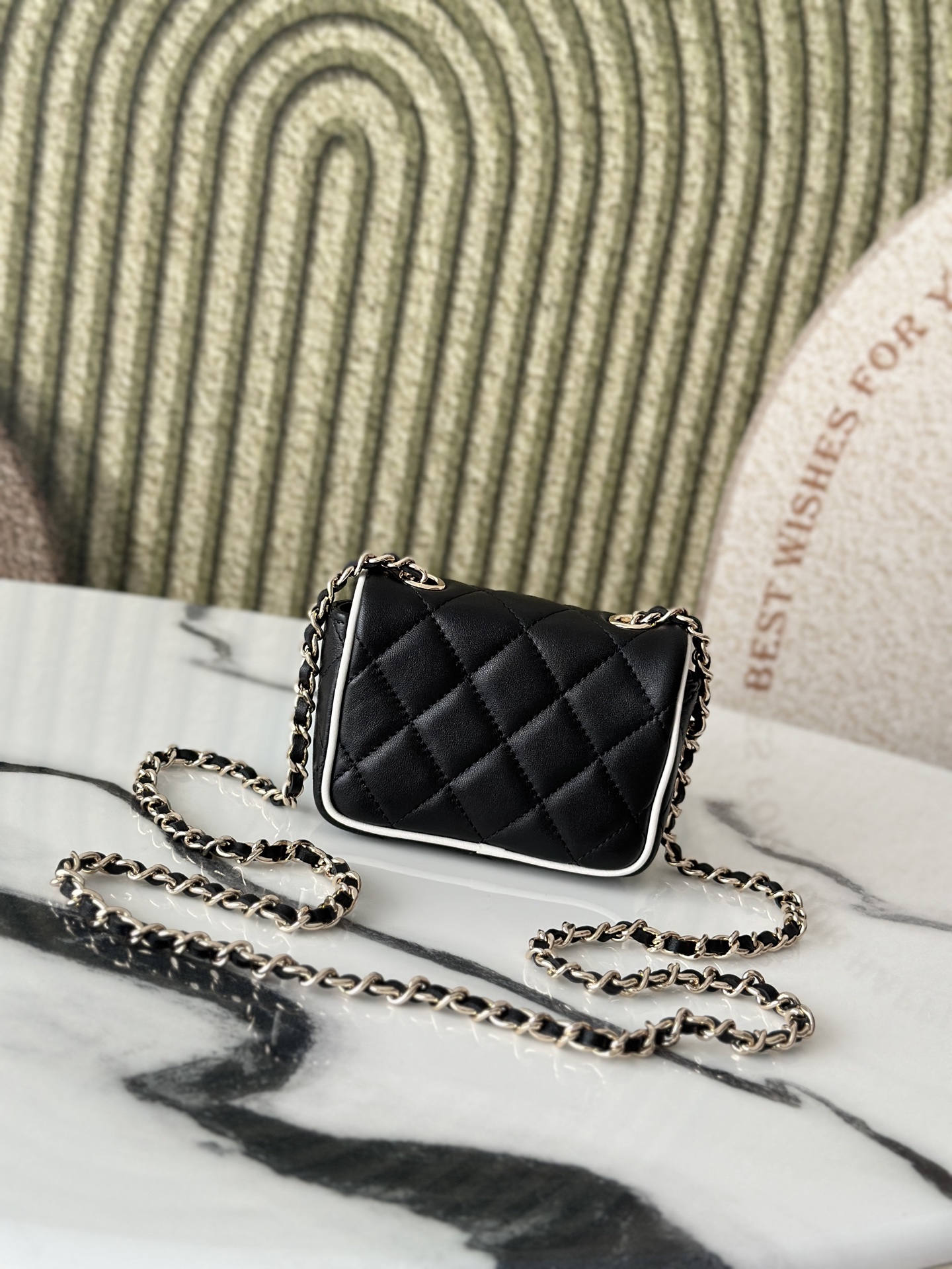 Mini Classic Flap in Black Quilted Lambskin with White Piping and SilverGold-Tone Hardware - Mocuir