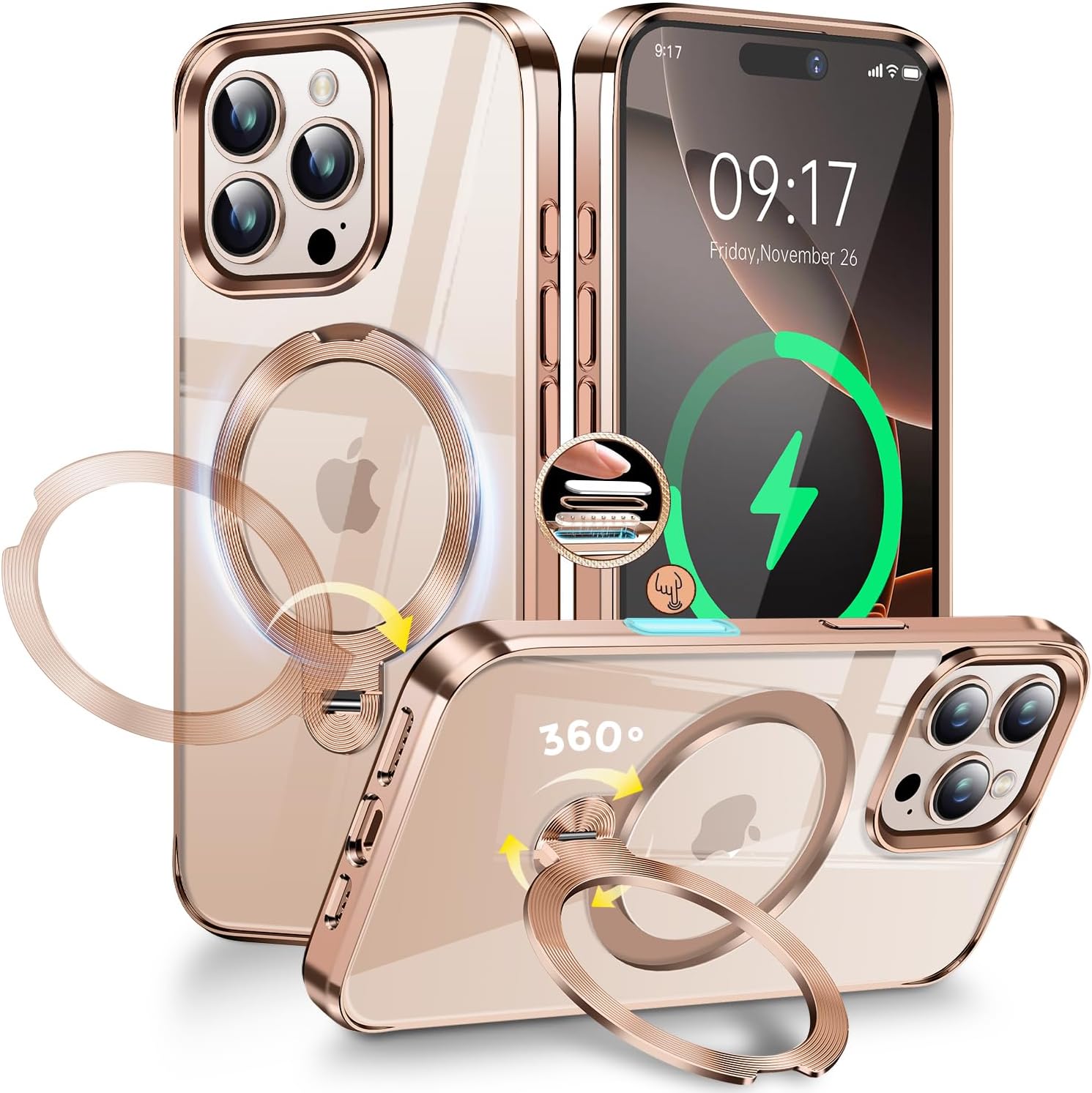 Metal Ring & Invisible 360 °   Spin Stand] Magnetic Case for iPhone 16 Pro Max [Electroplated Shockproof Bumper] [Compatible with Mag Safe] Cover with Stand for Women Men Slim Clear, Desert Titanium