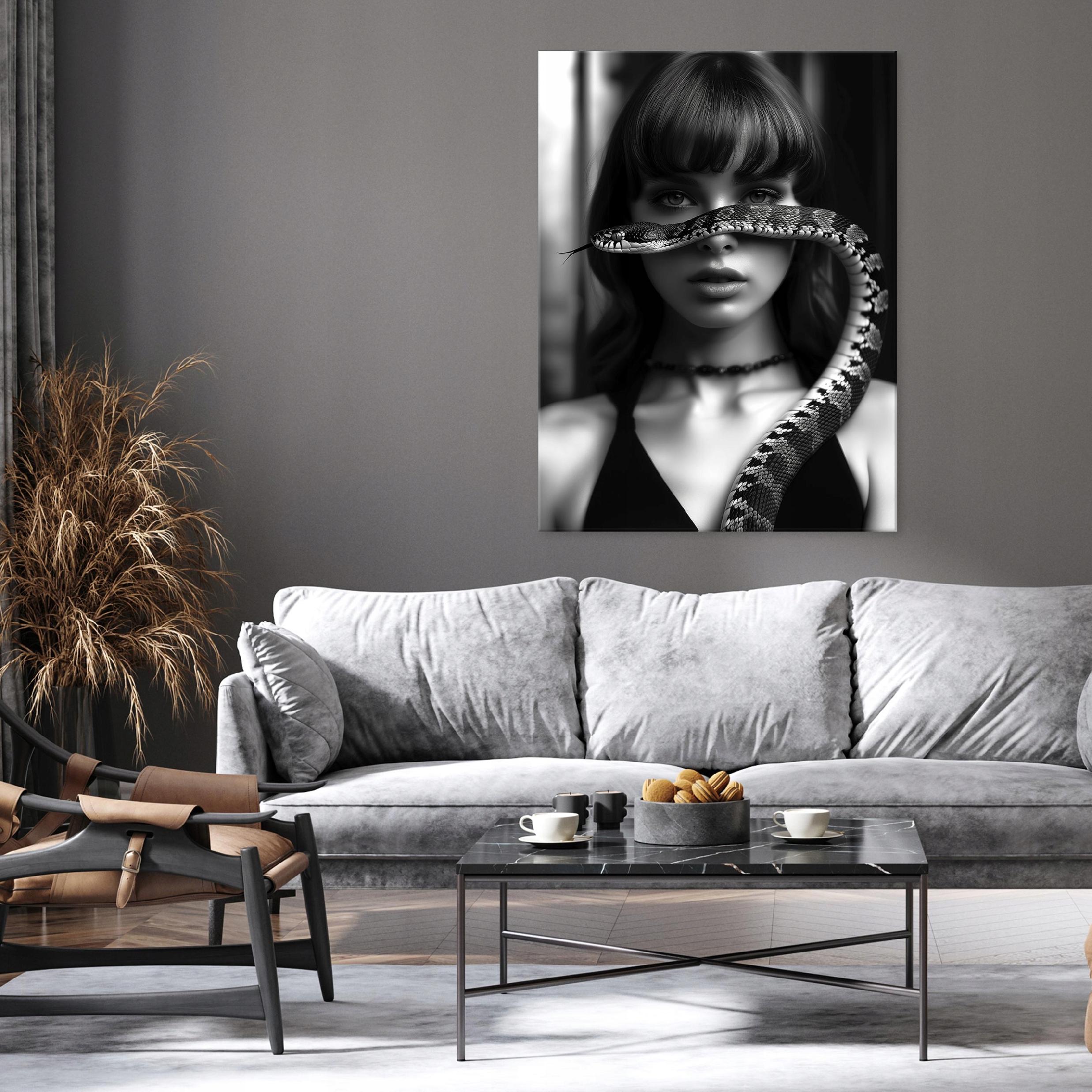 Canvas wall art woman snake black and white for bedroom living room 40x30