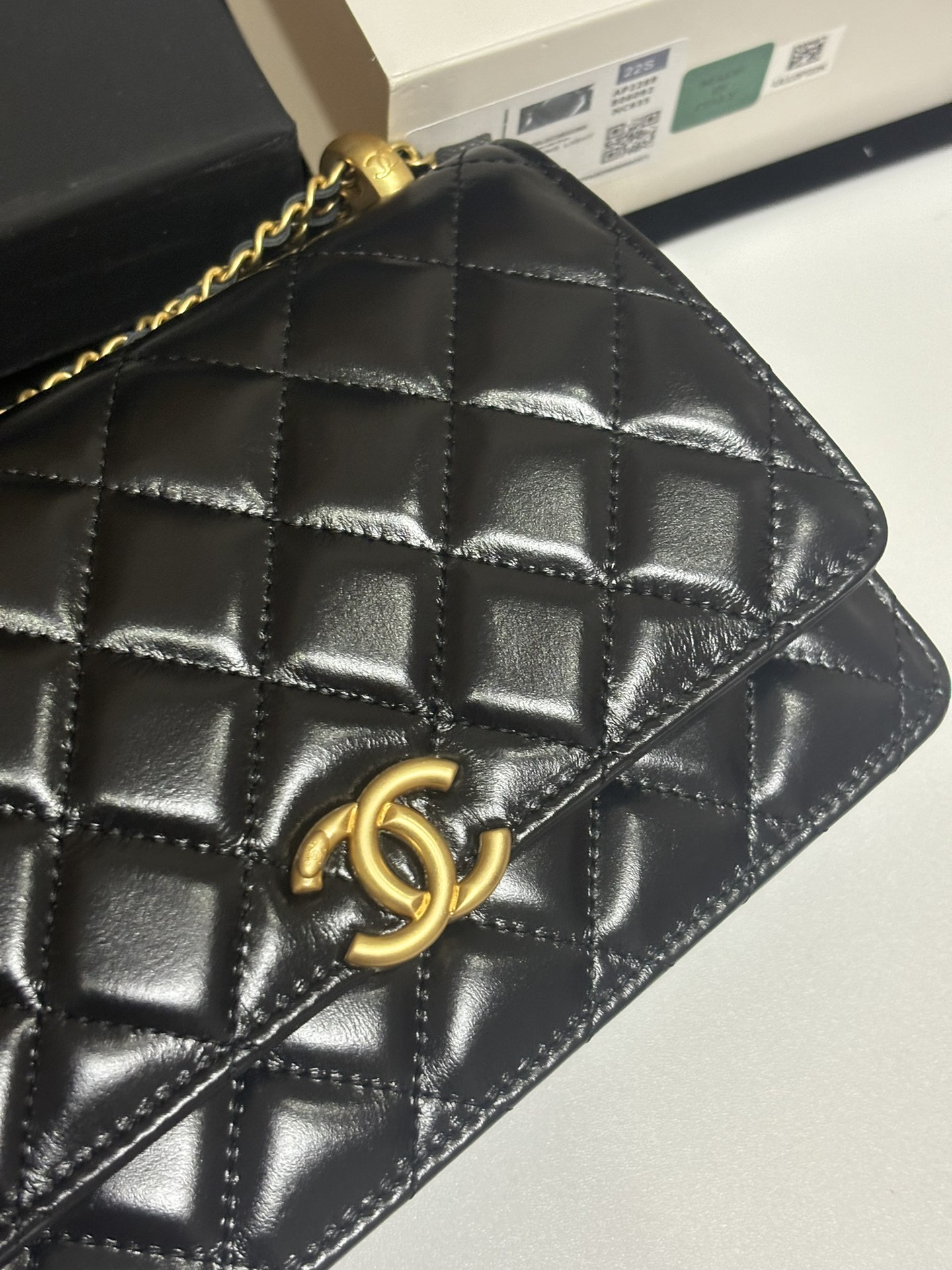 Classic Quilted Lambskin Wallet on Chain with Gold Ball in Black (Gold Hardware) - Mocuir