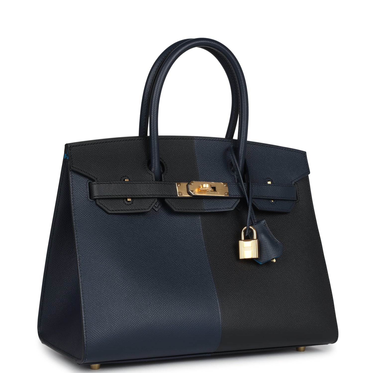 Casaque Birkin Sellier 30 Black, Bleu Indigo and Bleu Zanzibar Epsom Gold Hardware