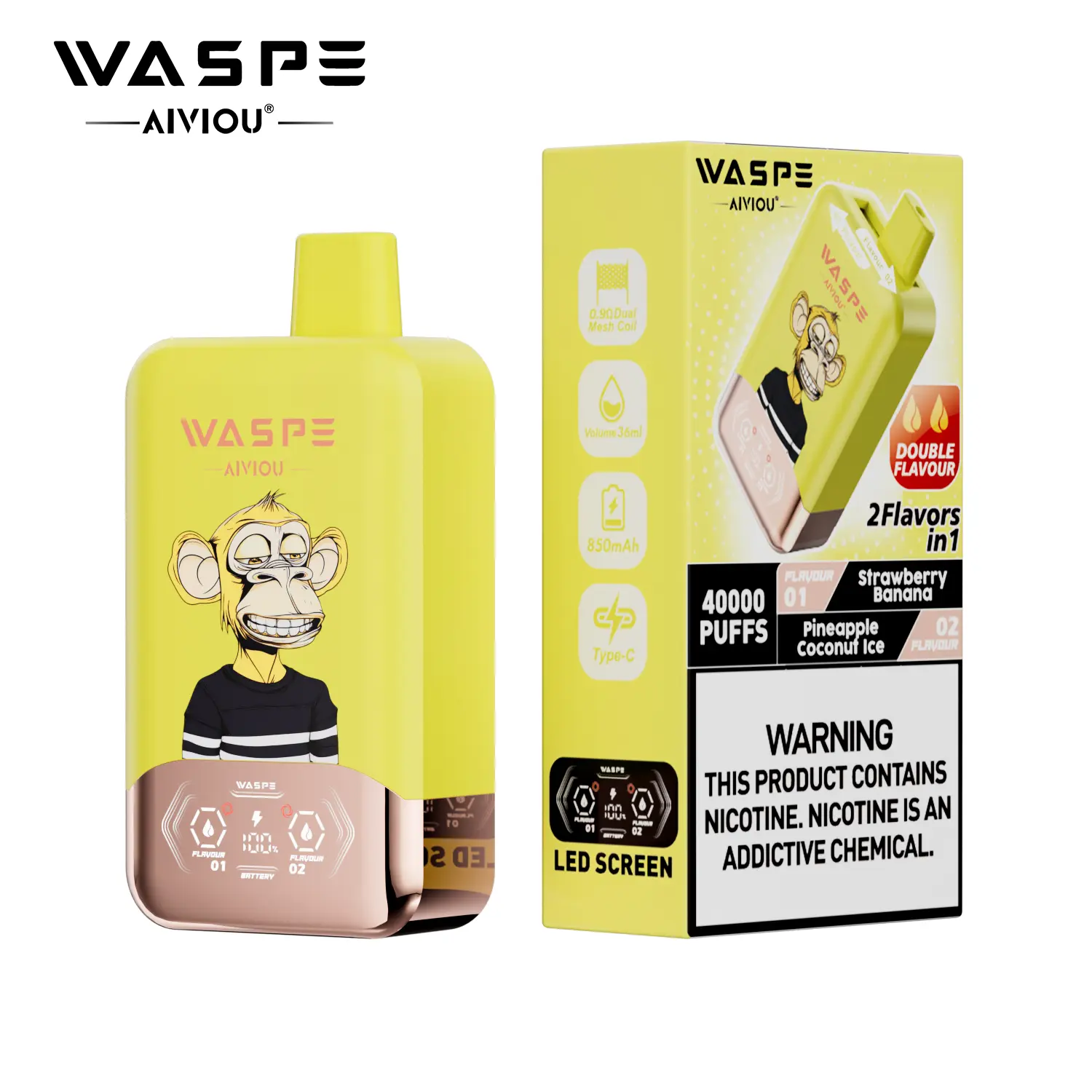 （3 pieces）WASPE 40000 40K Puffs Double Taste LCD Display Disposable Vape