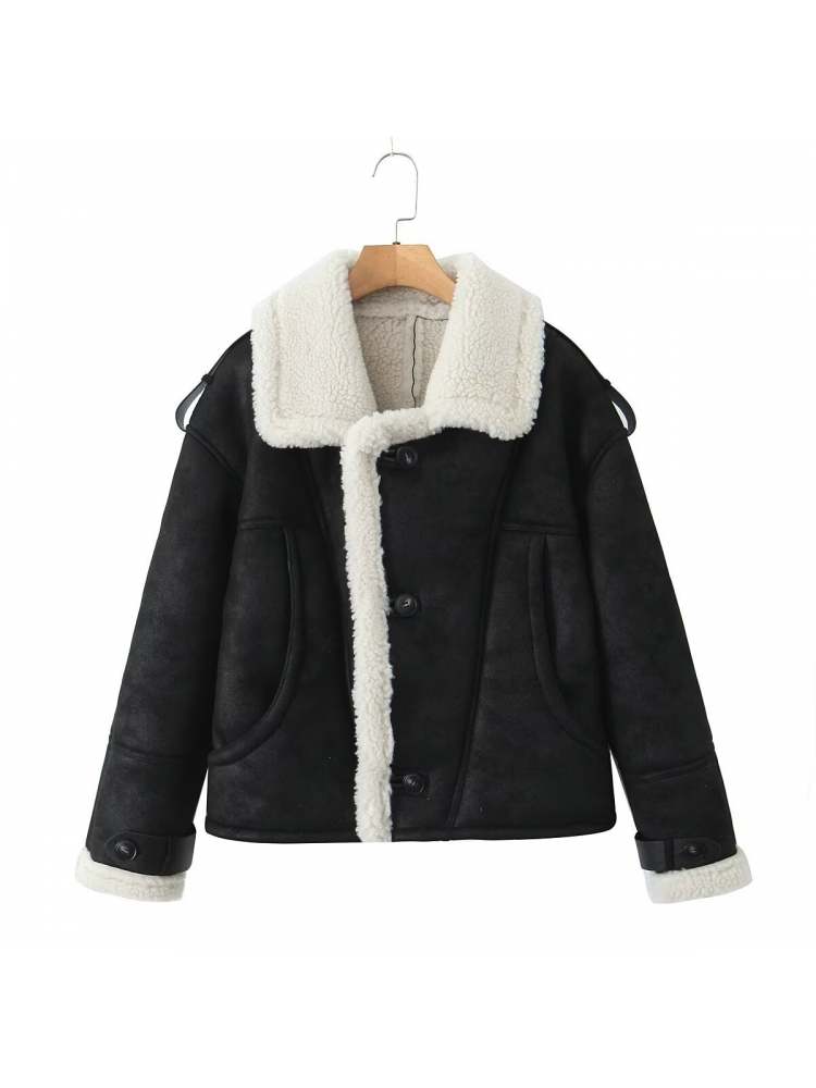 Fluffy Solid Color Long Sleeve Micro Suede Bounding With Lamb Fur Winter Coats