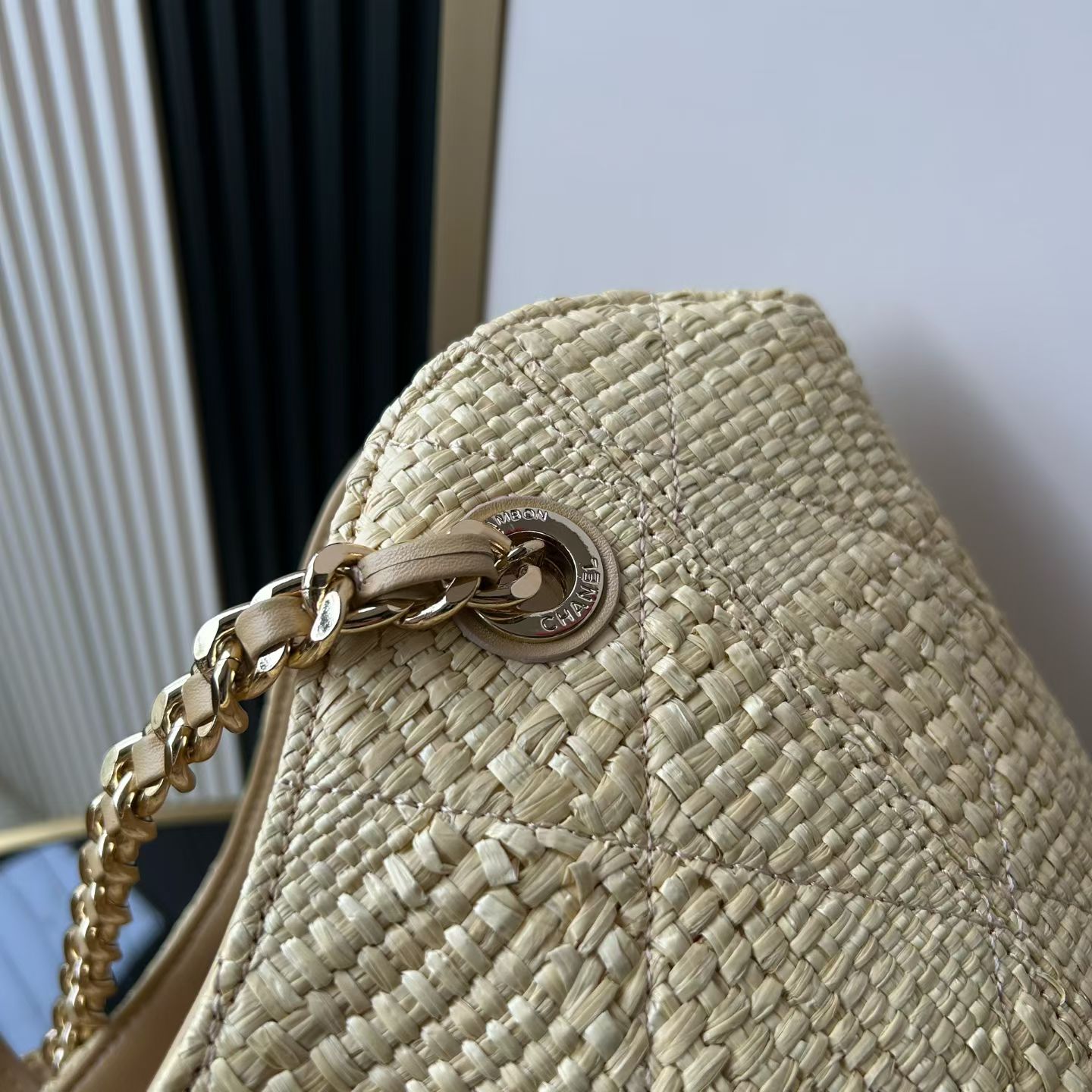 25C Light Yellow Woven Straw Large Tote Handbag with Calfskin Trim and Gold-Tone Hardware - Mocuir