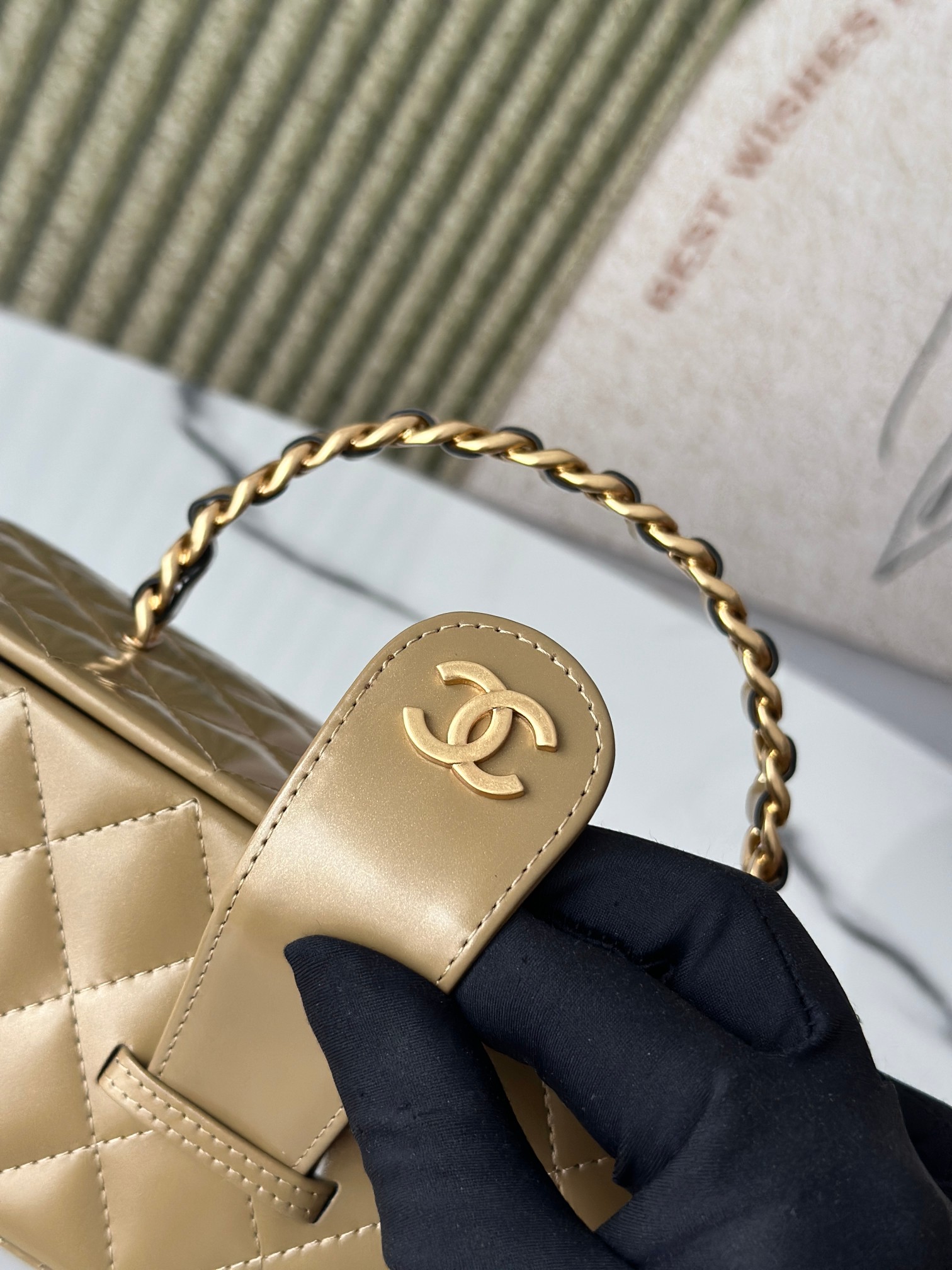 Quilted Patent Leather Long Vanity Case Bag with Chain Handle, Gold Hardware (Model AP5212) - Mocuir