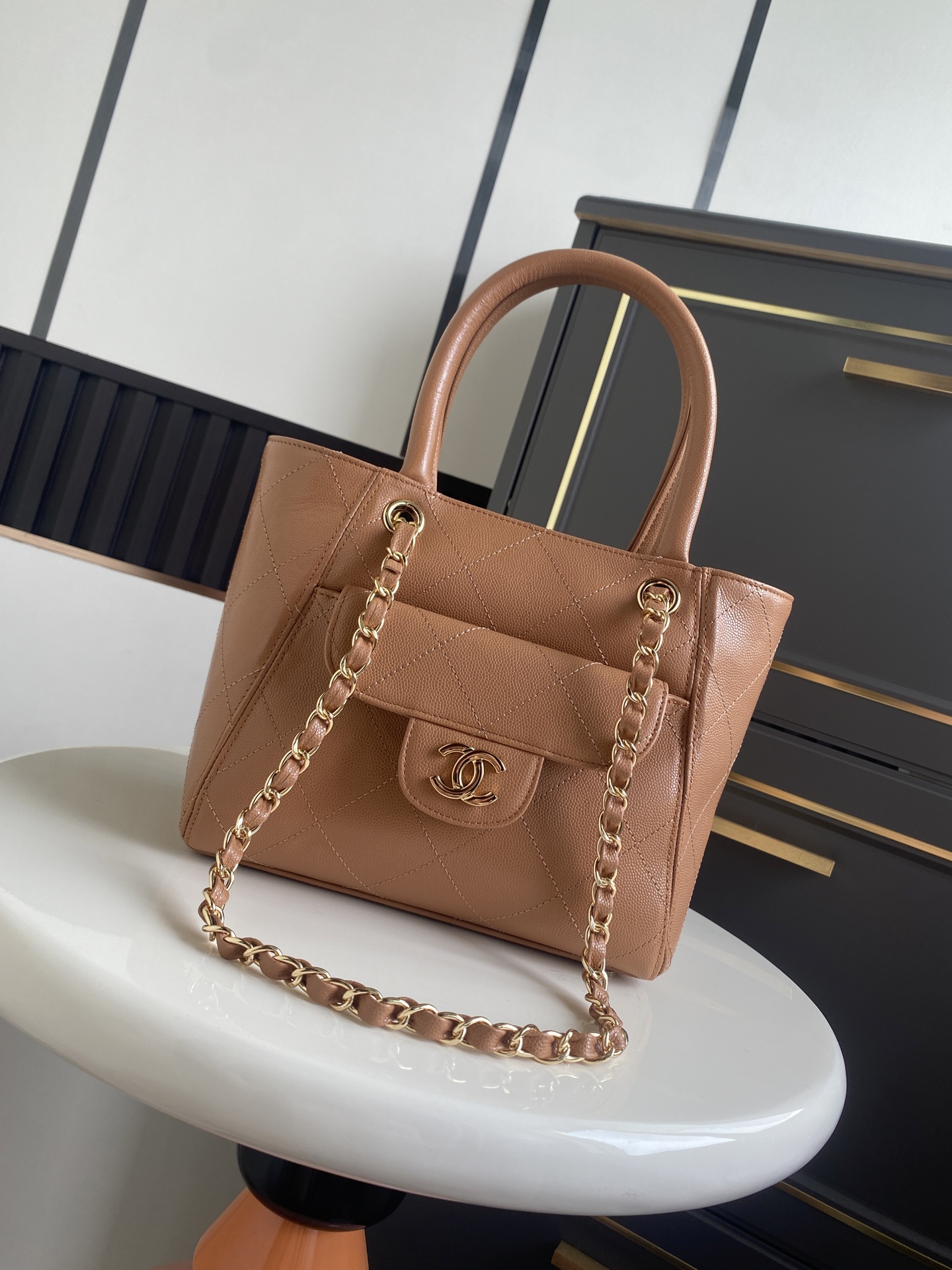 Cruise 2026 Caramel Quilted Caviar Calfskin Mini Tote Bag with Gold-Tone Hardware - Mocuir