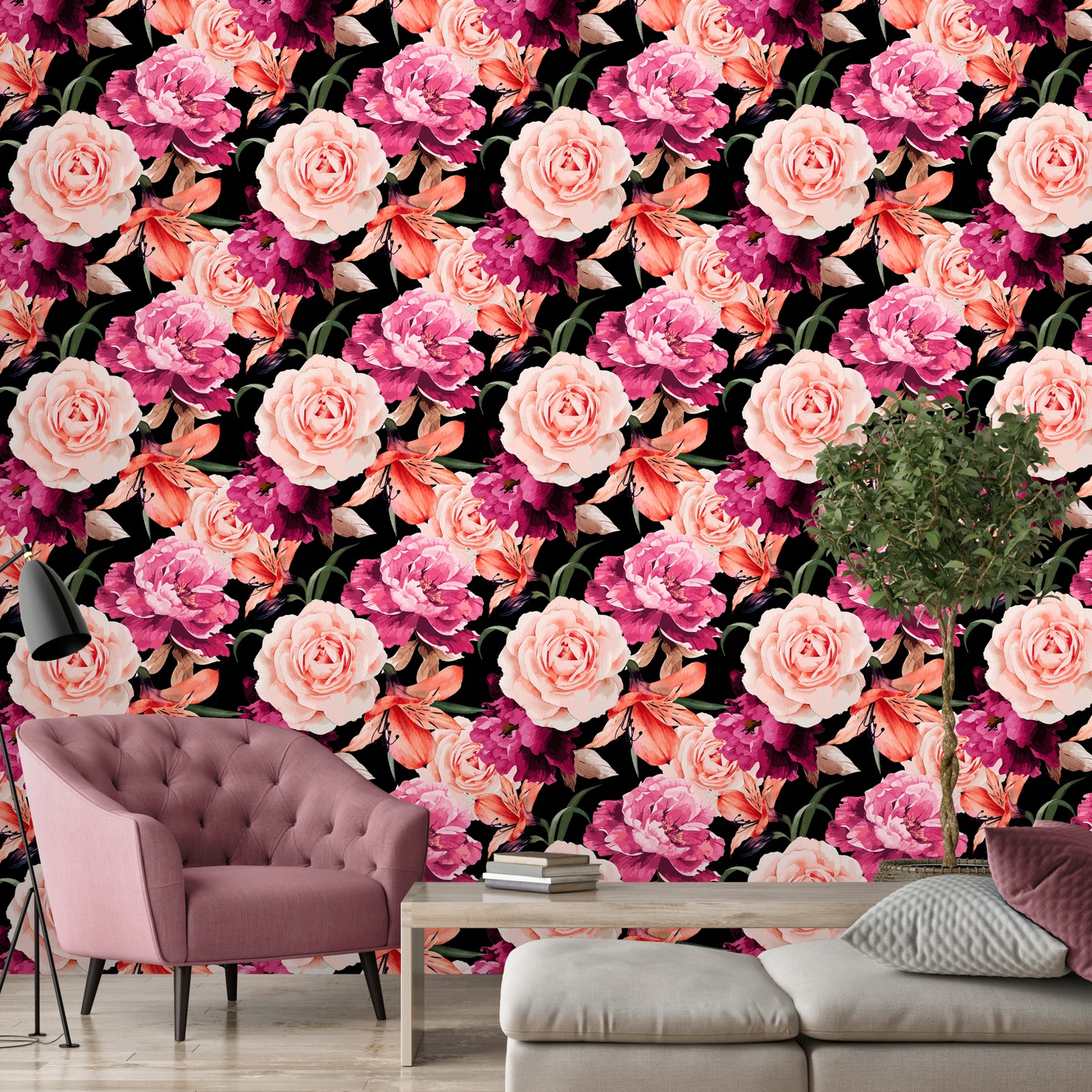 Wallpaper with roses and peonies, roll for the bedroom