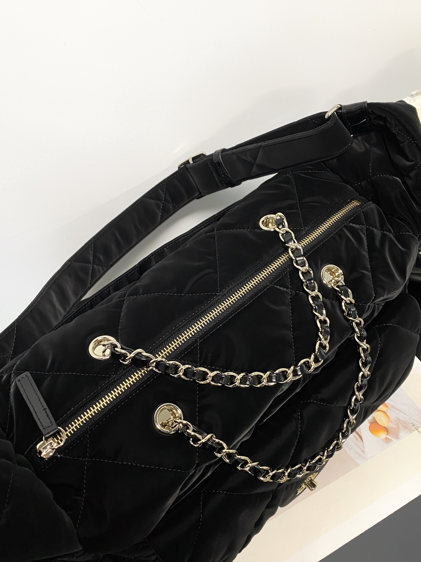 25N Ski Collection Large Hobo  Bowling Bag in Black Technical Suede Nylon with Gold Hardware (Model AM7141) - Mocuir