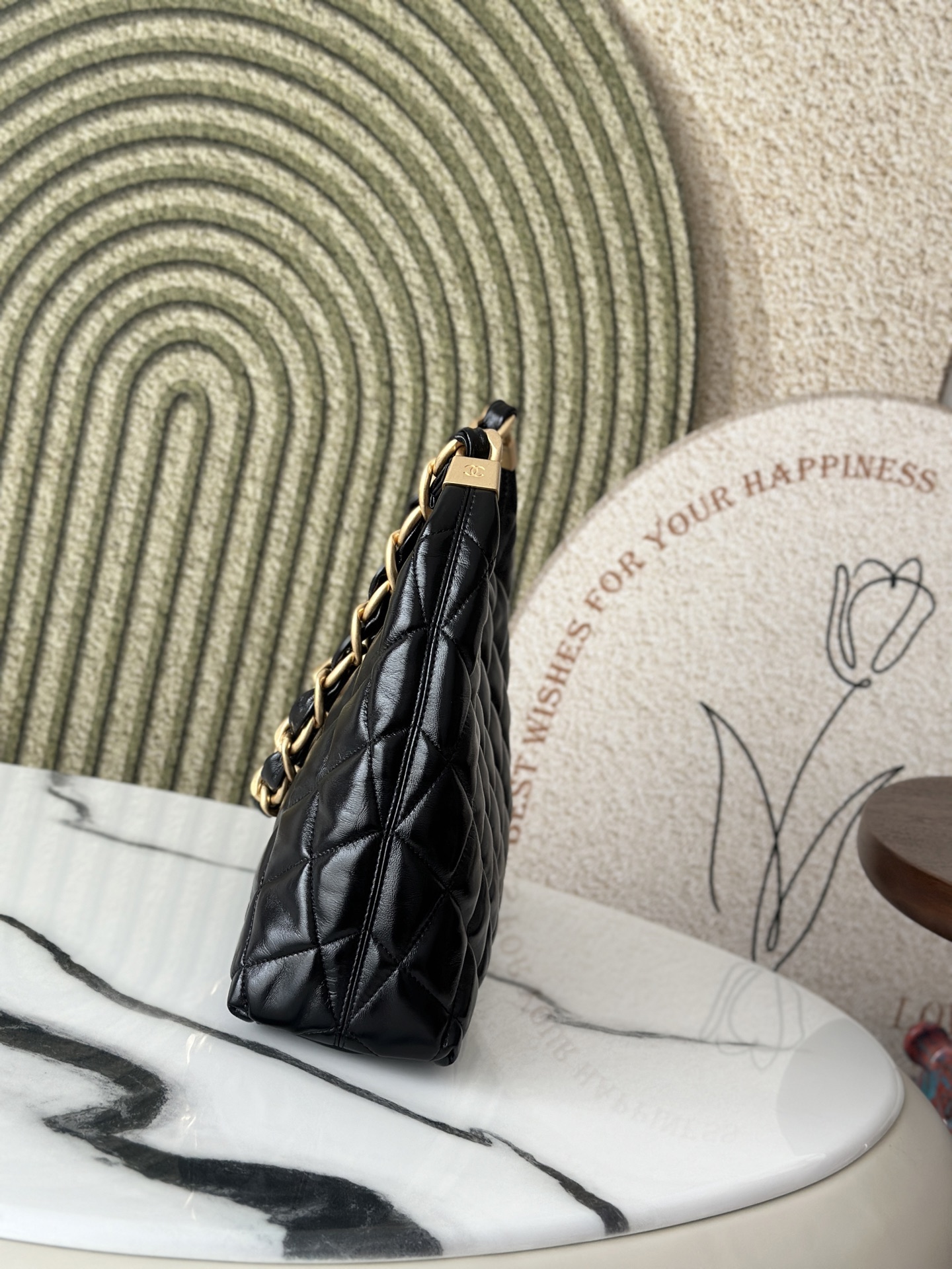 Black Shiny Calfskin Quilted Hobo Bag (Model AS4382) - Mocuir