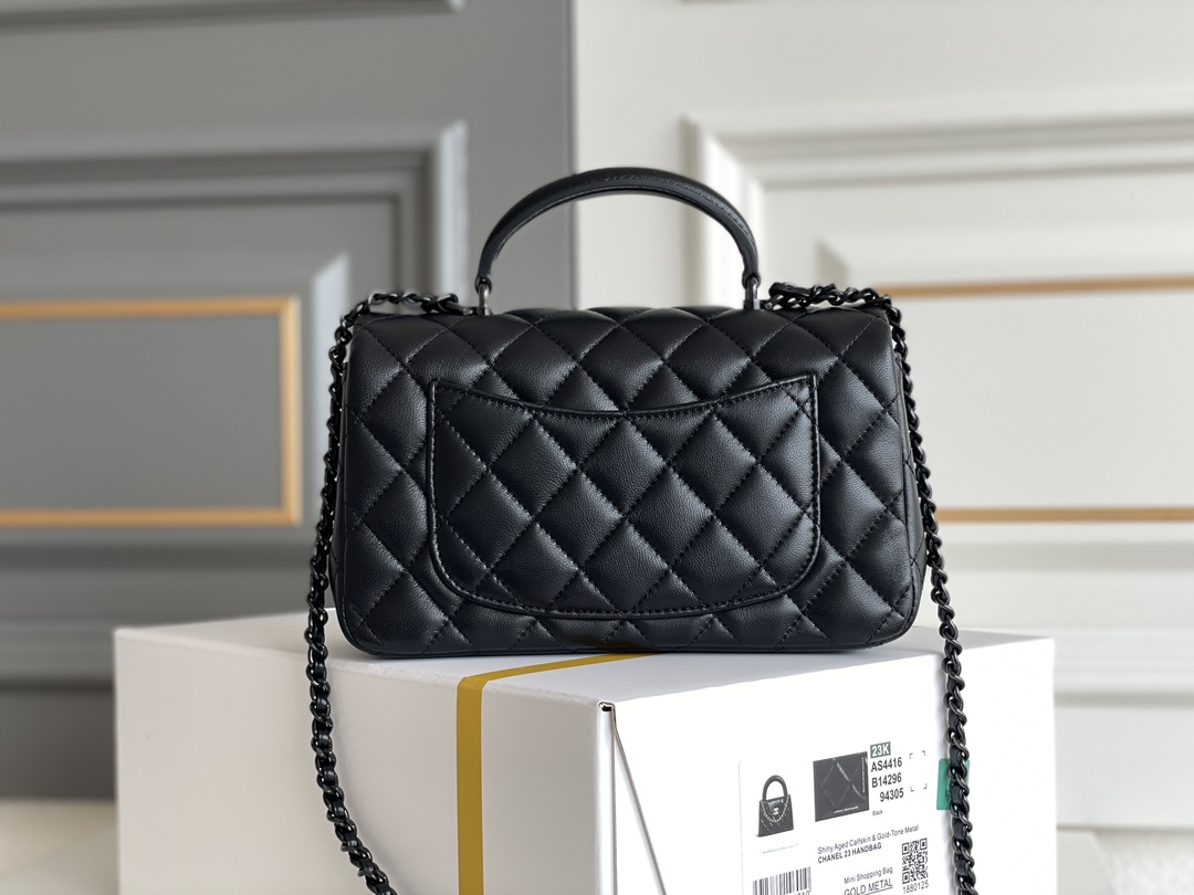 23K Mini Shopping Bag (Mini Kelly) in Black Shiny Aged Lambskin with RutheniumBlack-Tone Hardware (Model AS4416) - Mocuir