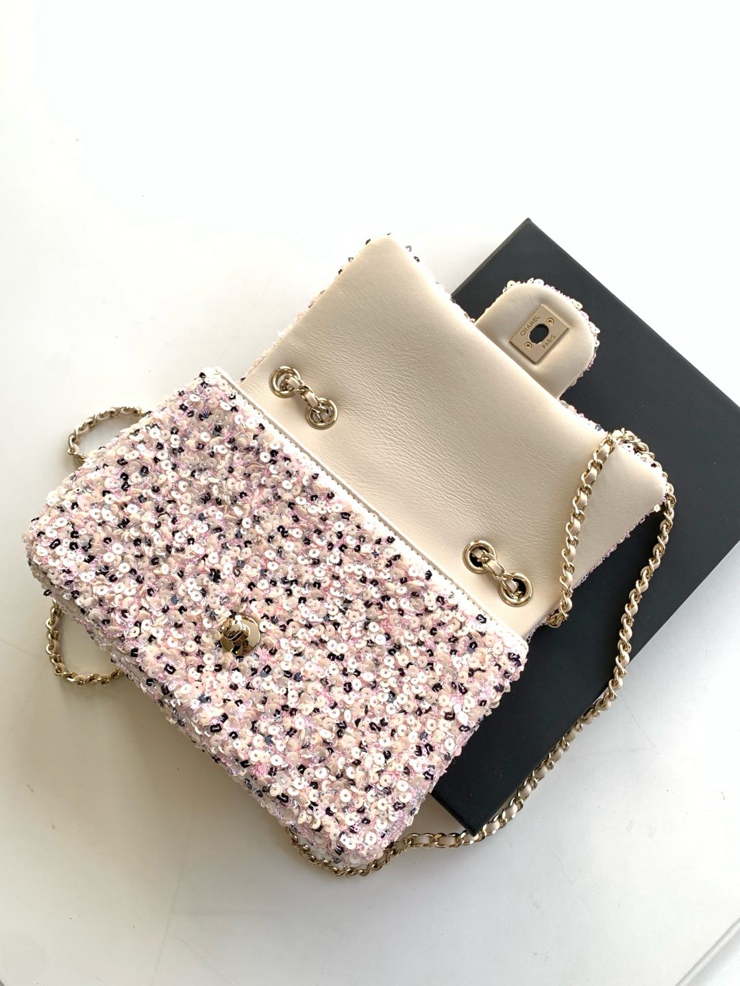 Classic Flap Mini in Light Pink Sequin - Mocuir