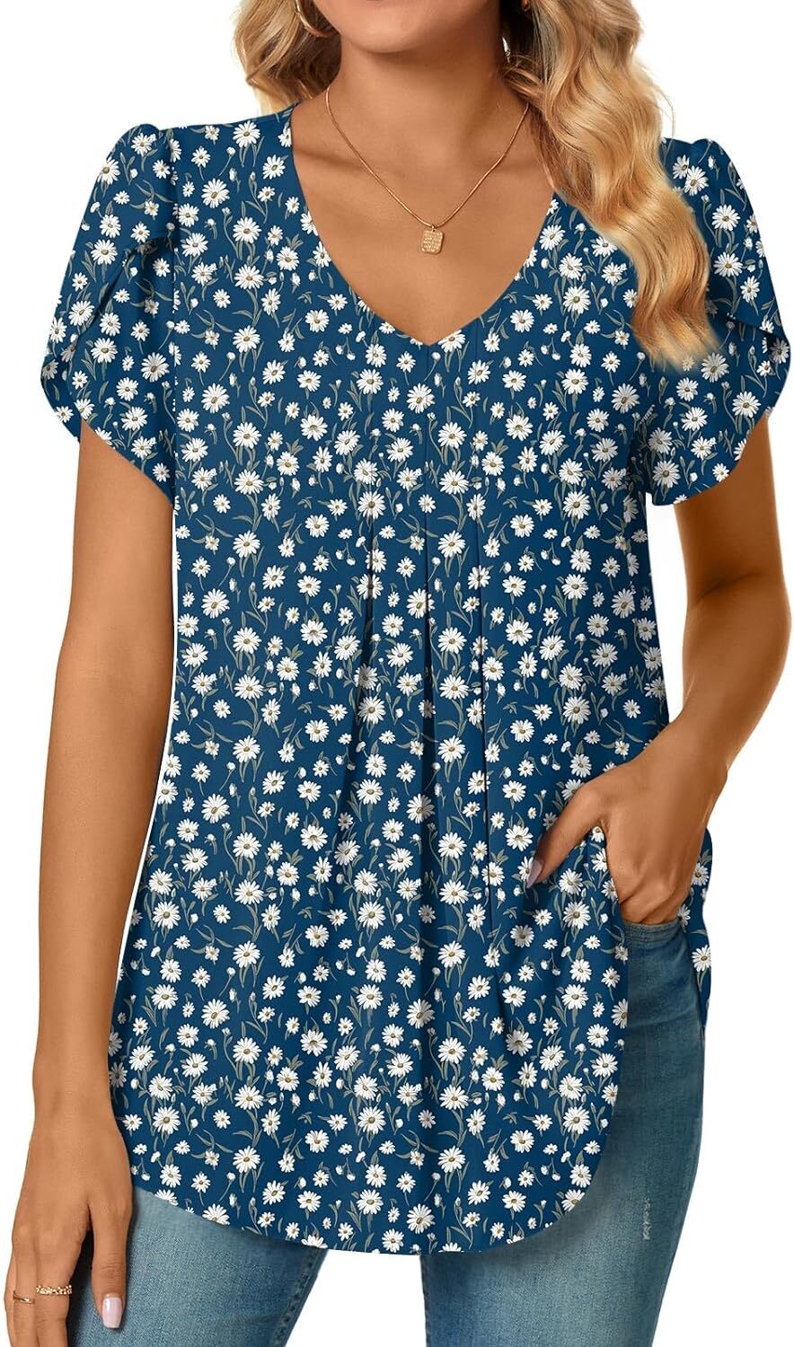 Bestbee Women's Dressy Chiffon Blouse Shirts Pleated Tunic Tops V Neck Petal Short Sleeve Casual T-Shirts 2024 Summer Tops