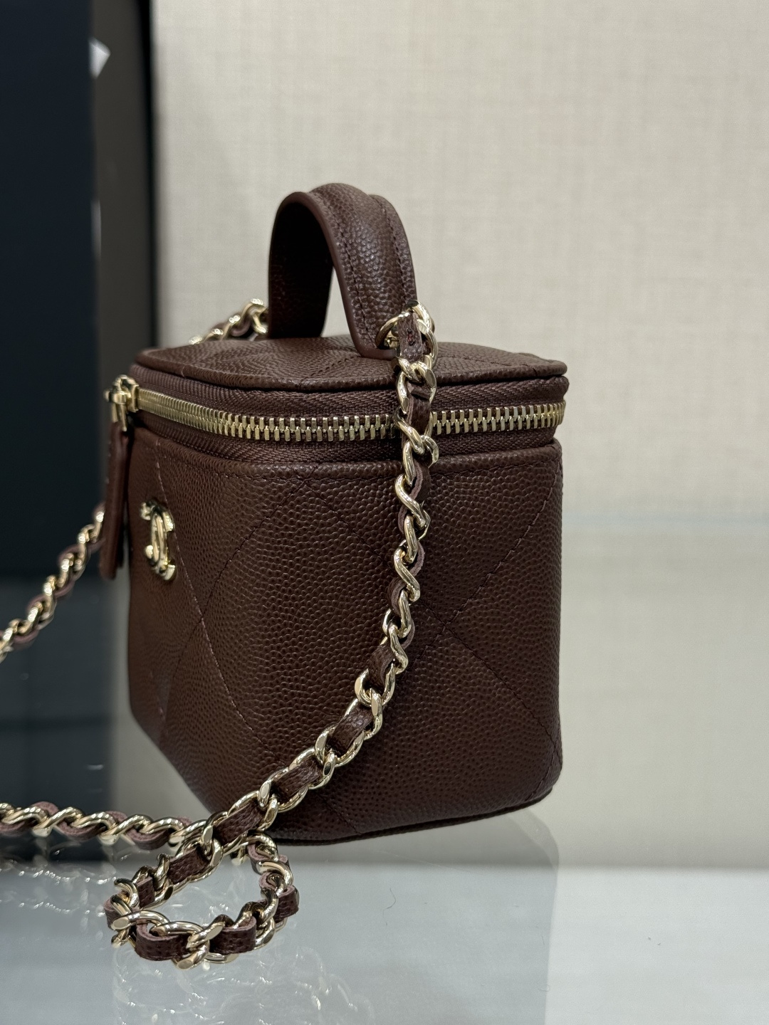 Mini Top Handle Vanity Case (AS5993) in Dark Brown Quilted Grained Calfskin (Caviar) with Antique Gold-Tone Hardware - Mocuir