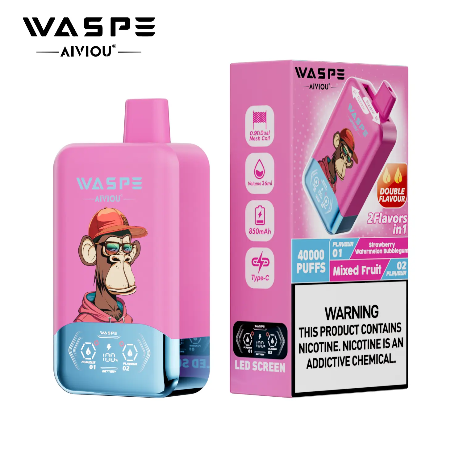 （3 pieces）WASPE 40000 40K Puffs Double Taste LCD Display Disposable Vape