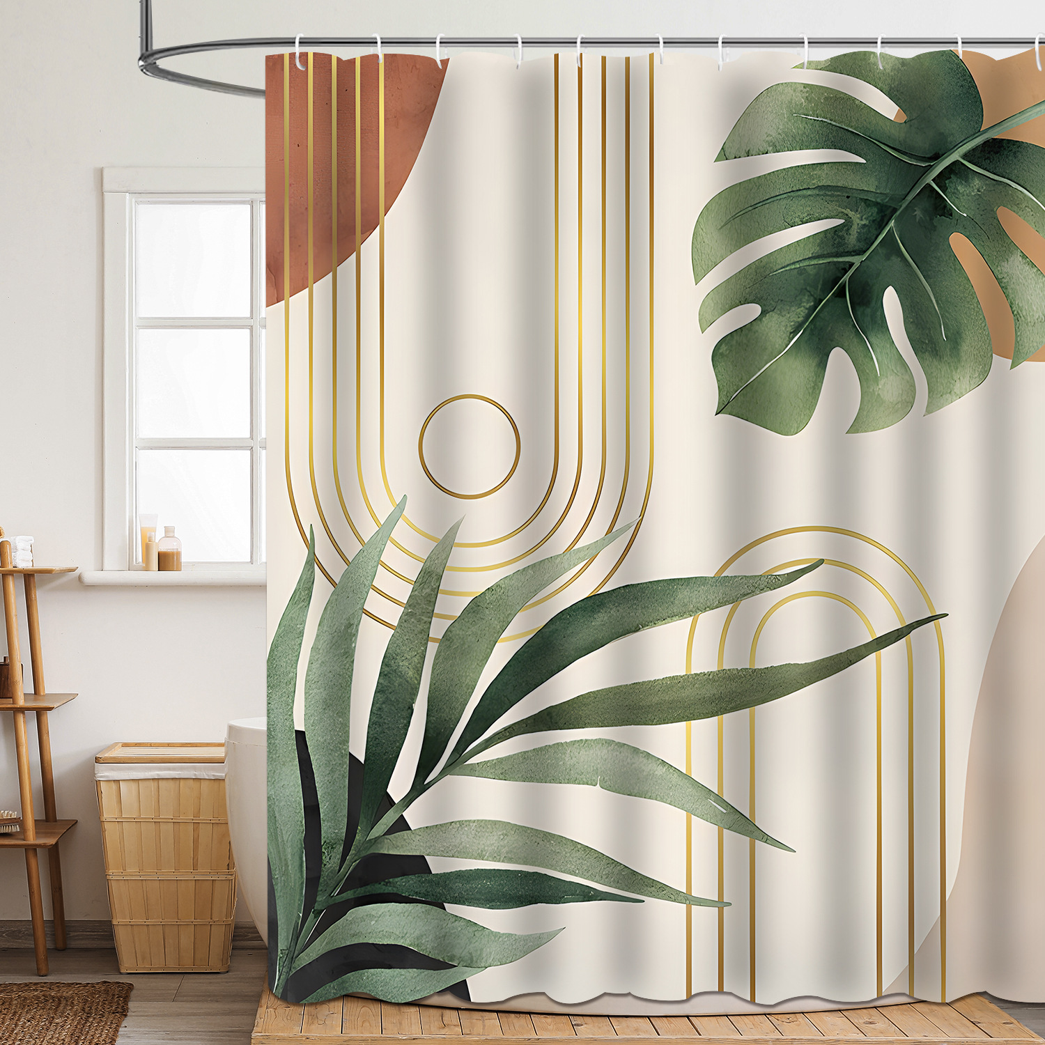 Shower curtain green plant leaf polyester 3d digital printing waterproof and mildew-proof shower bathroom partition