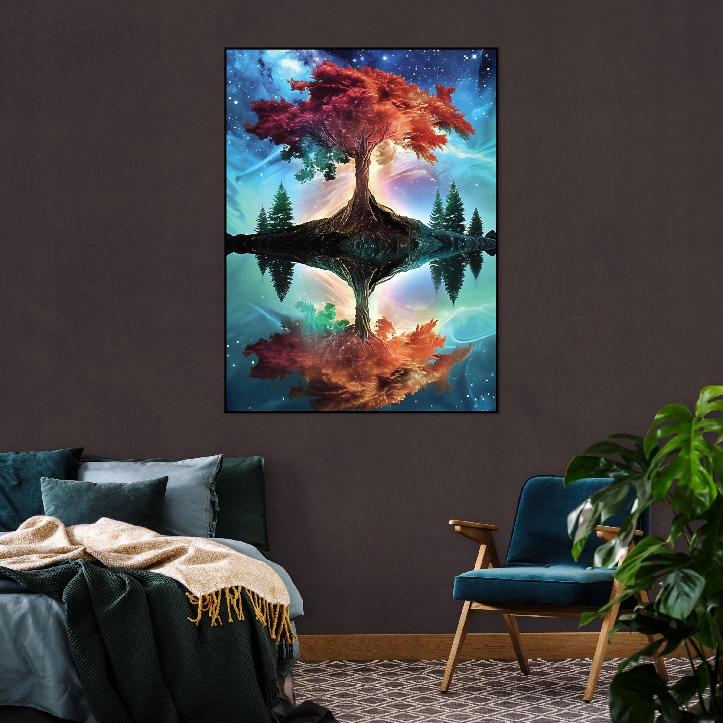 Black-framed canvas painting: tree, abstract, living room or bedroom, 90x60