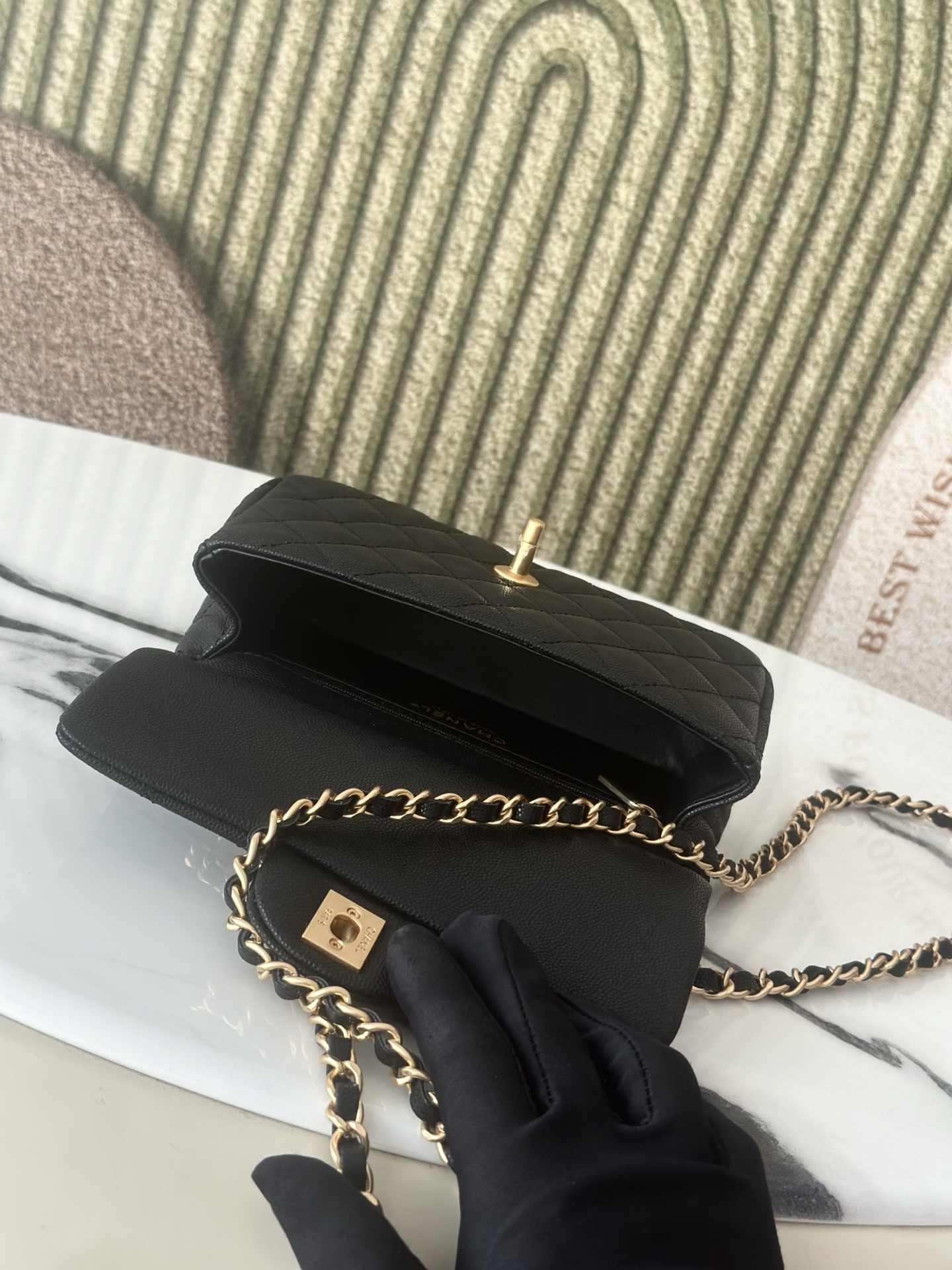 Classic Flap Mini with Top Handle in Black Quilted Caviar Leather with Gold-Tone Hardware - Mocuir