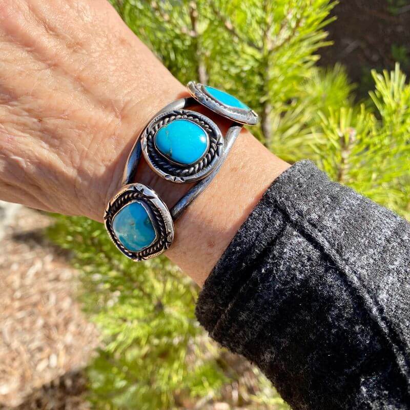 Vintage Navajo Sterling Cuff Bracelet with Three Turquoise Stones