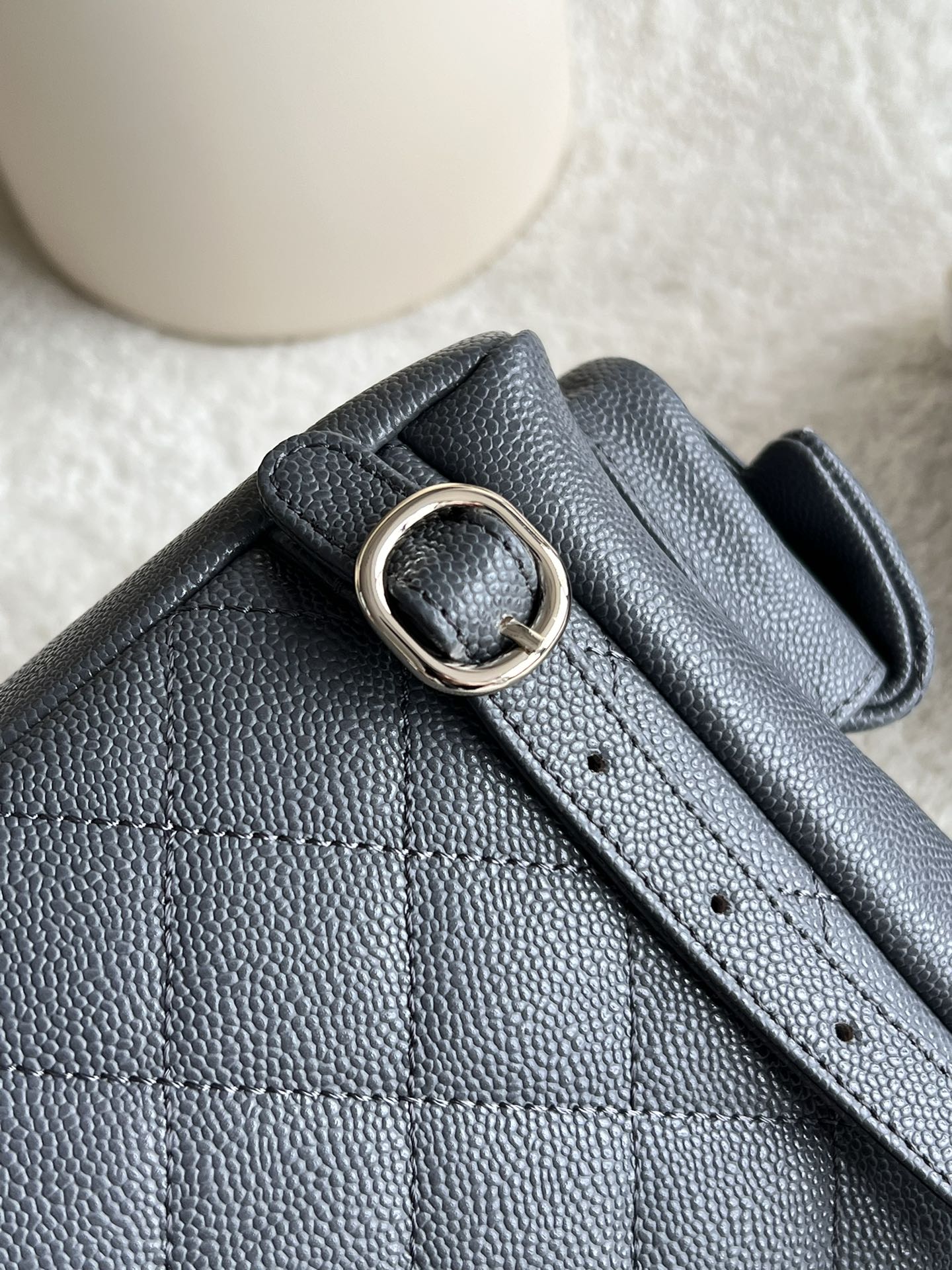 23K Duma Tank Backpack in Dark Grey Quilted Caviar Leather with Light Gold-Tone Hardware - Mocuir