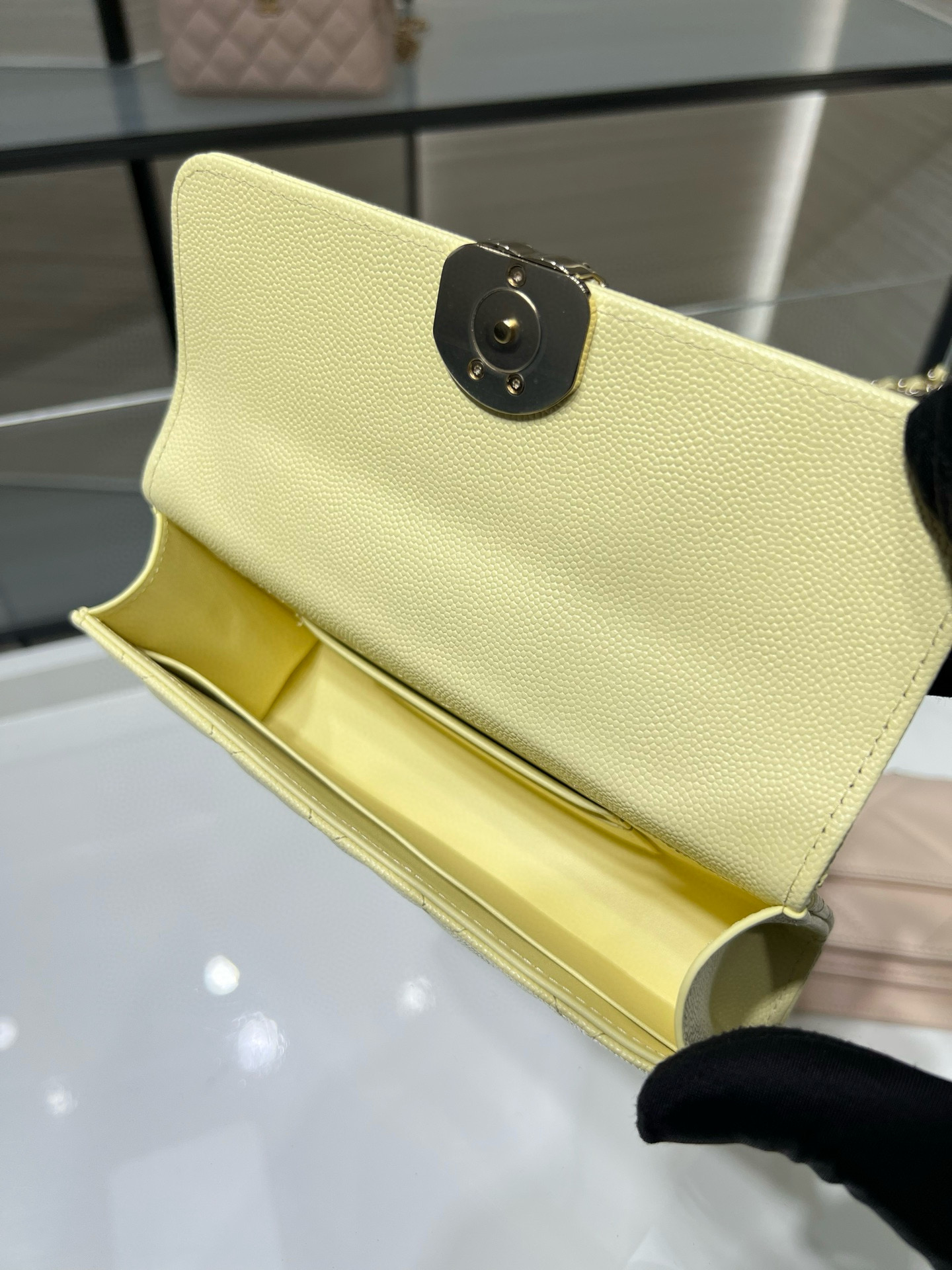 26S Spring-Summer Collection AP3238 Mini Top Handle Flap Bag in Yellow Quilted Grained Calfskin (Caviar) with Gold-Tone Hardware - Mocuir