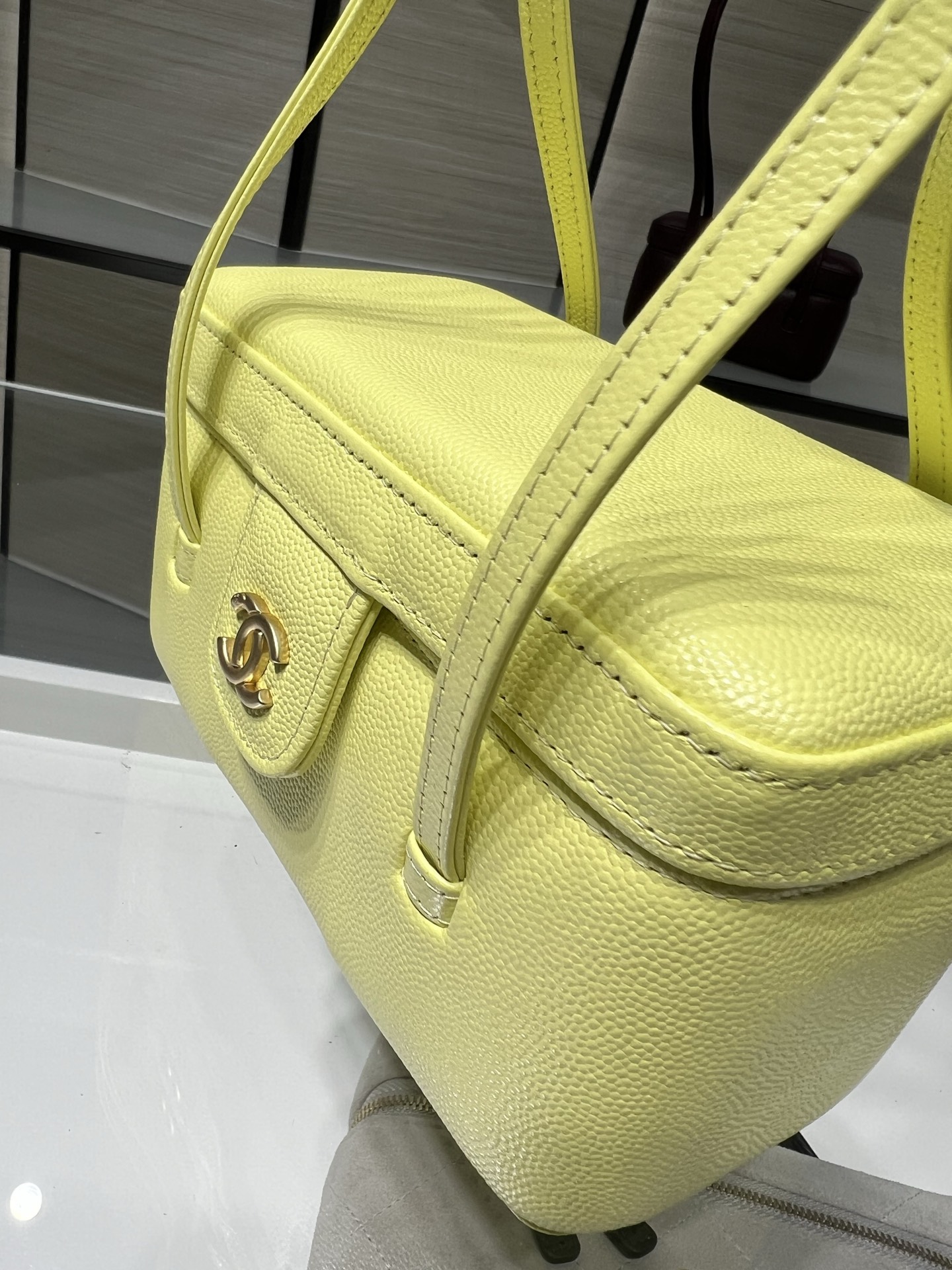 26P Preppy Coco Lemon Yellow Quilted Caviar Leather Long Vanity Handbag with Gold-Tone Hardware - Mocuir