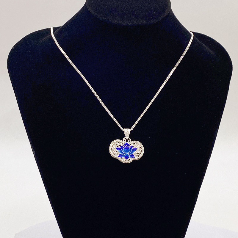 Filigree Cloisonné Chinese Style Lotus Lock 99 Pure Silver Necklace