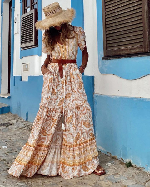 Fashion V-neck Short Sleeve Printed Dress