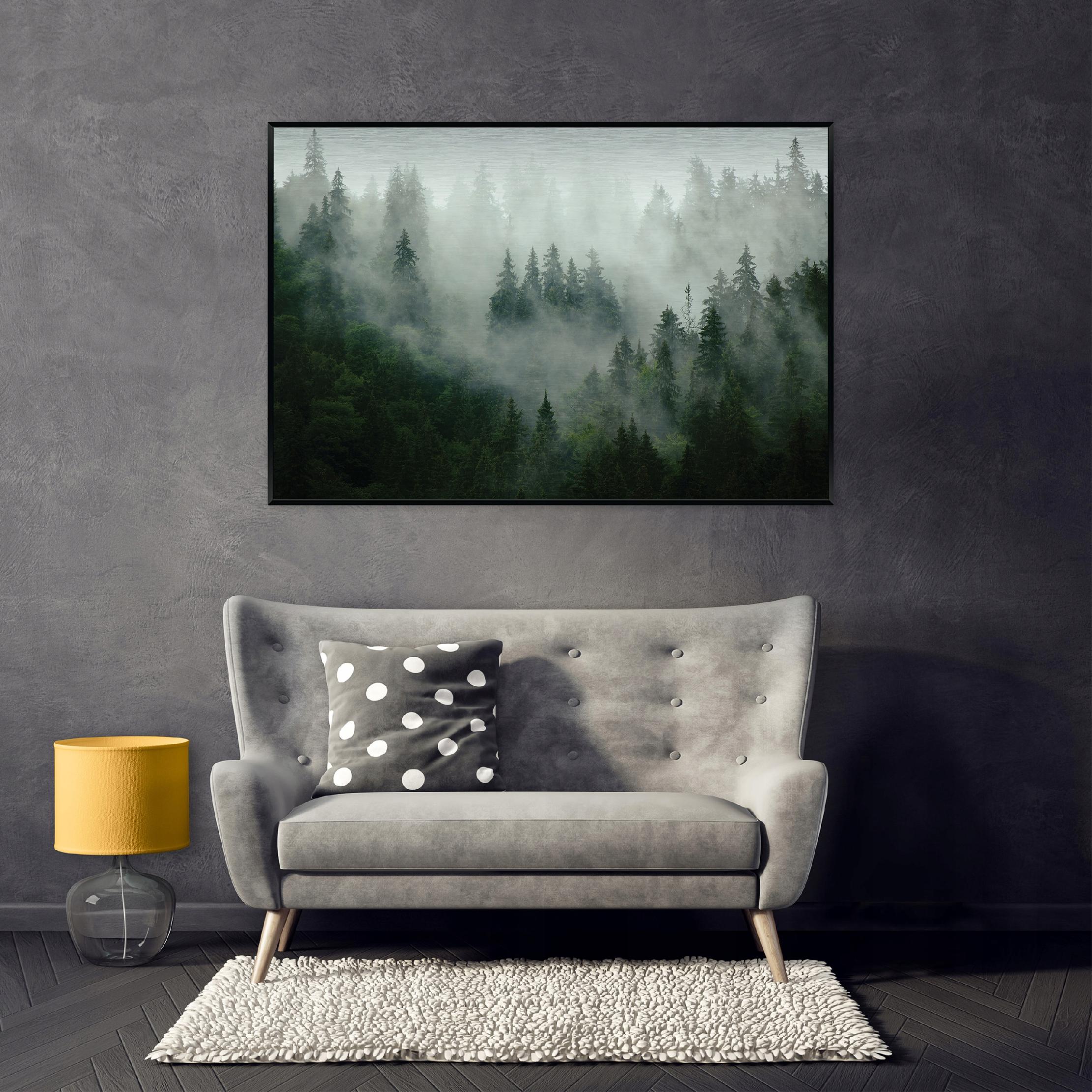 Metal painting in a black frame, forest in the fog, nature, living room, bedroom, 120x80