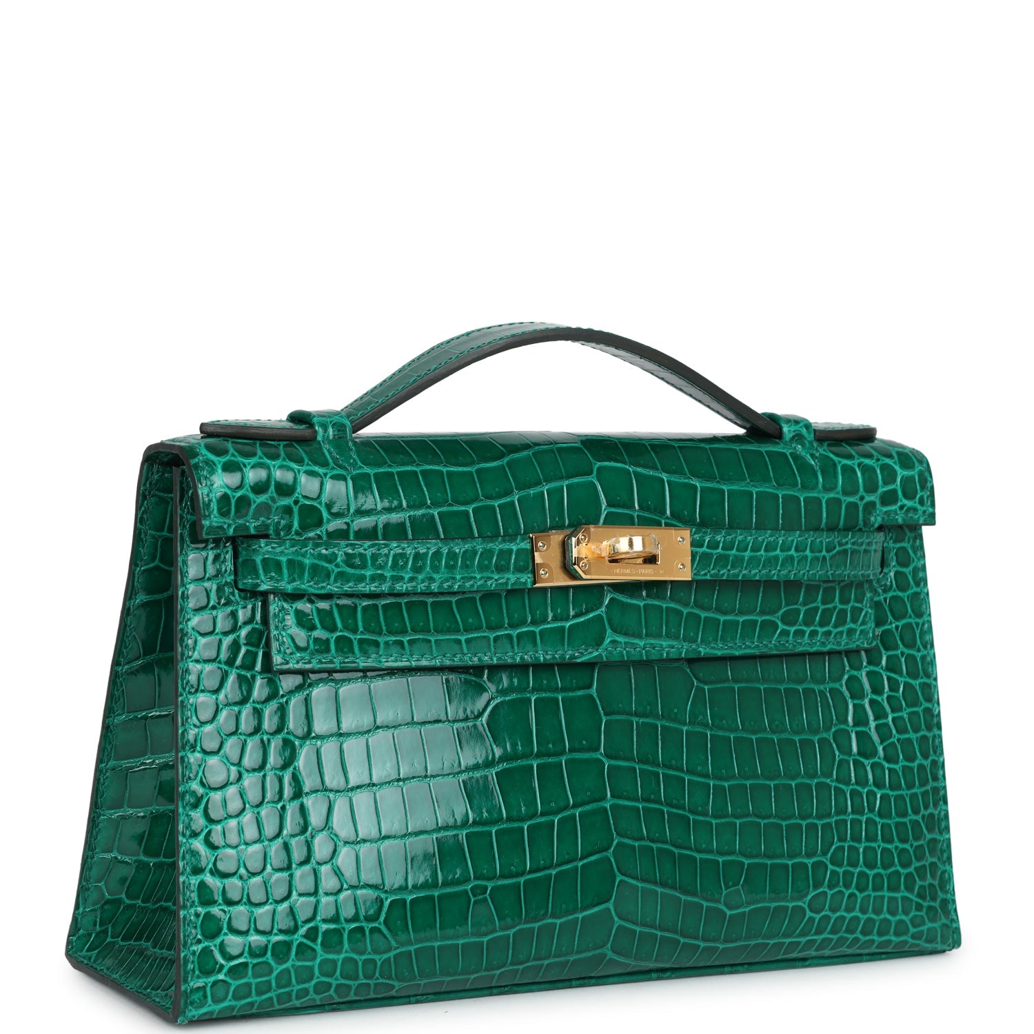 Kelly Pochette Emerald Shiny Porosus Crocodile Gold Hardware