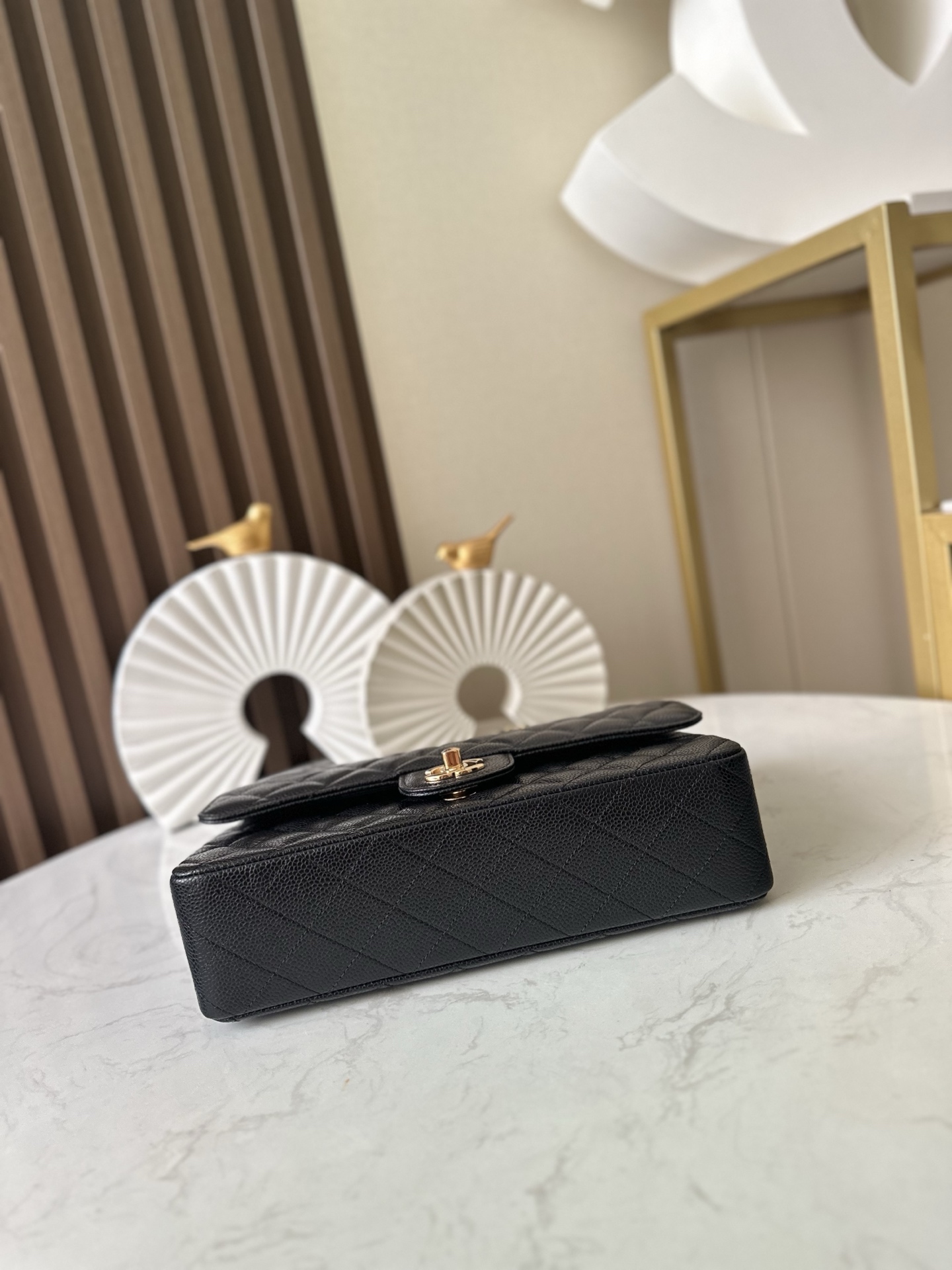 Black Caviar Quilted Medium Classic Flap Bag with Gold Hardware - Mocuir