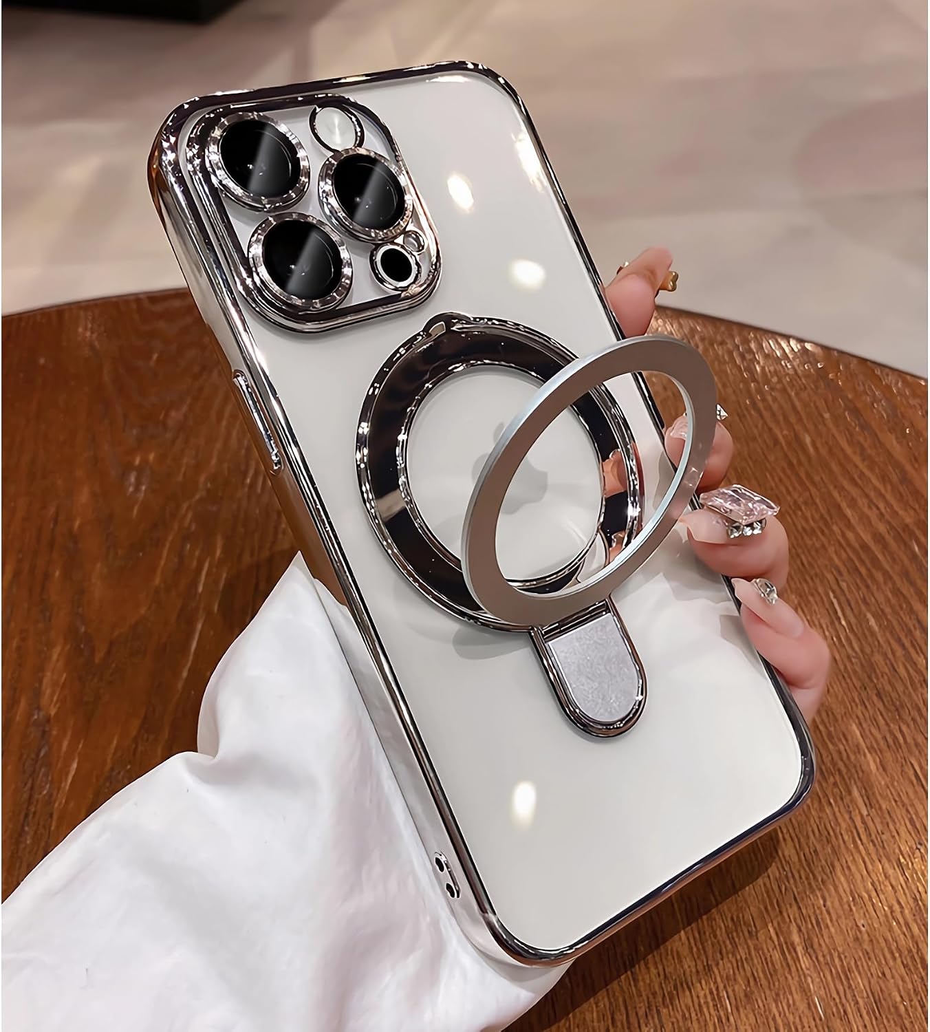 Magnetic Invisible Stand for iPhone 15 Pro Max Case Compatible with MagSafe, Military-Grade Protection, with Camera Protector, Clear Scratch-Resistant Back Case for iPhone 15 ProMax (Silver)