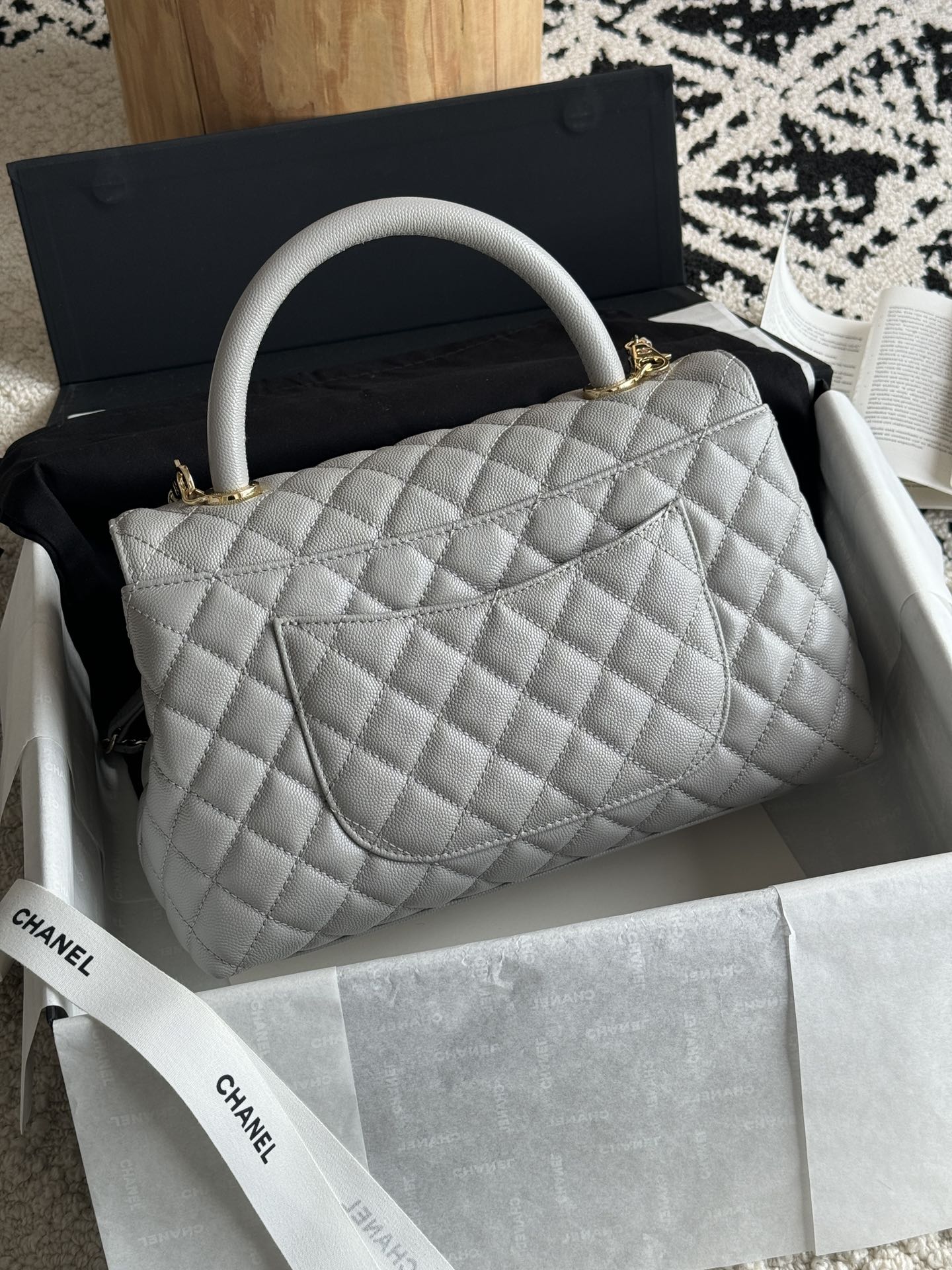 Small Coco Handle Flap Bag in Light Grey Quilted Caviar Leather with Light Gold-Tone Hardware - Mocuir