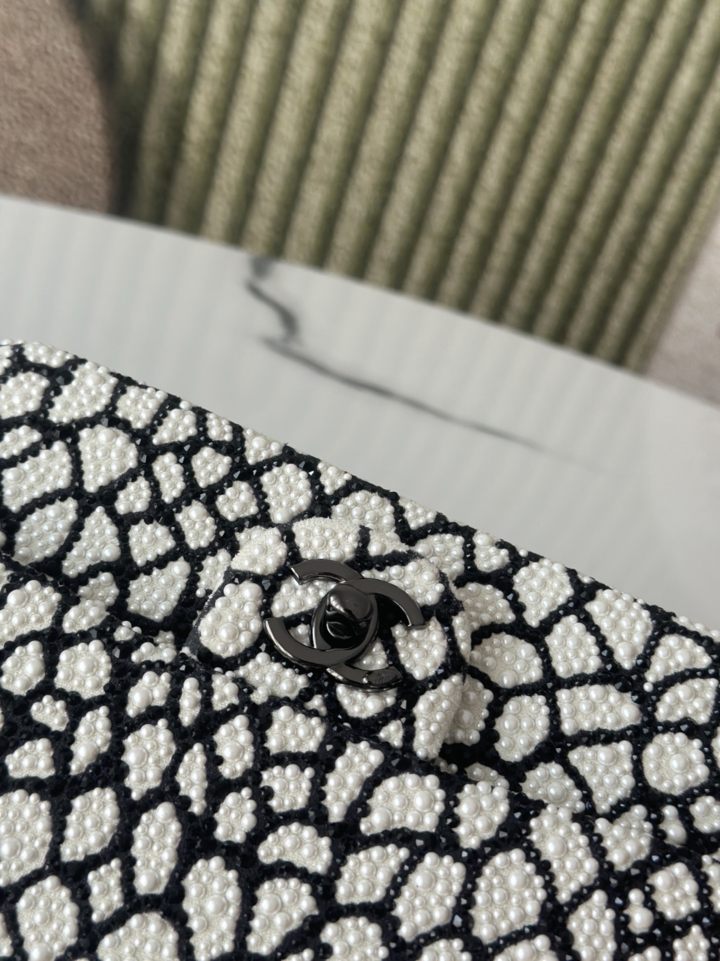 Classic Flap Mini Bag in Black & White Pearl Embellished Crocodile Pattern (Black Hardware) - Mocuir