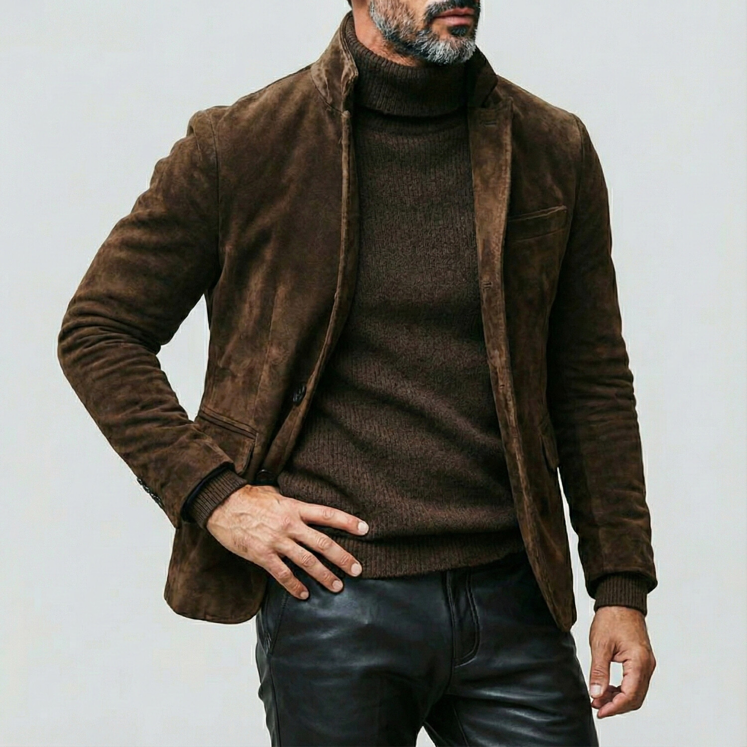 Men's Retro Dark Brown Stand Collar Long Sleeve Chest Pocket Single Breasted Suede Blazers