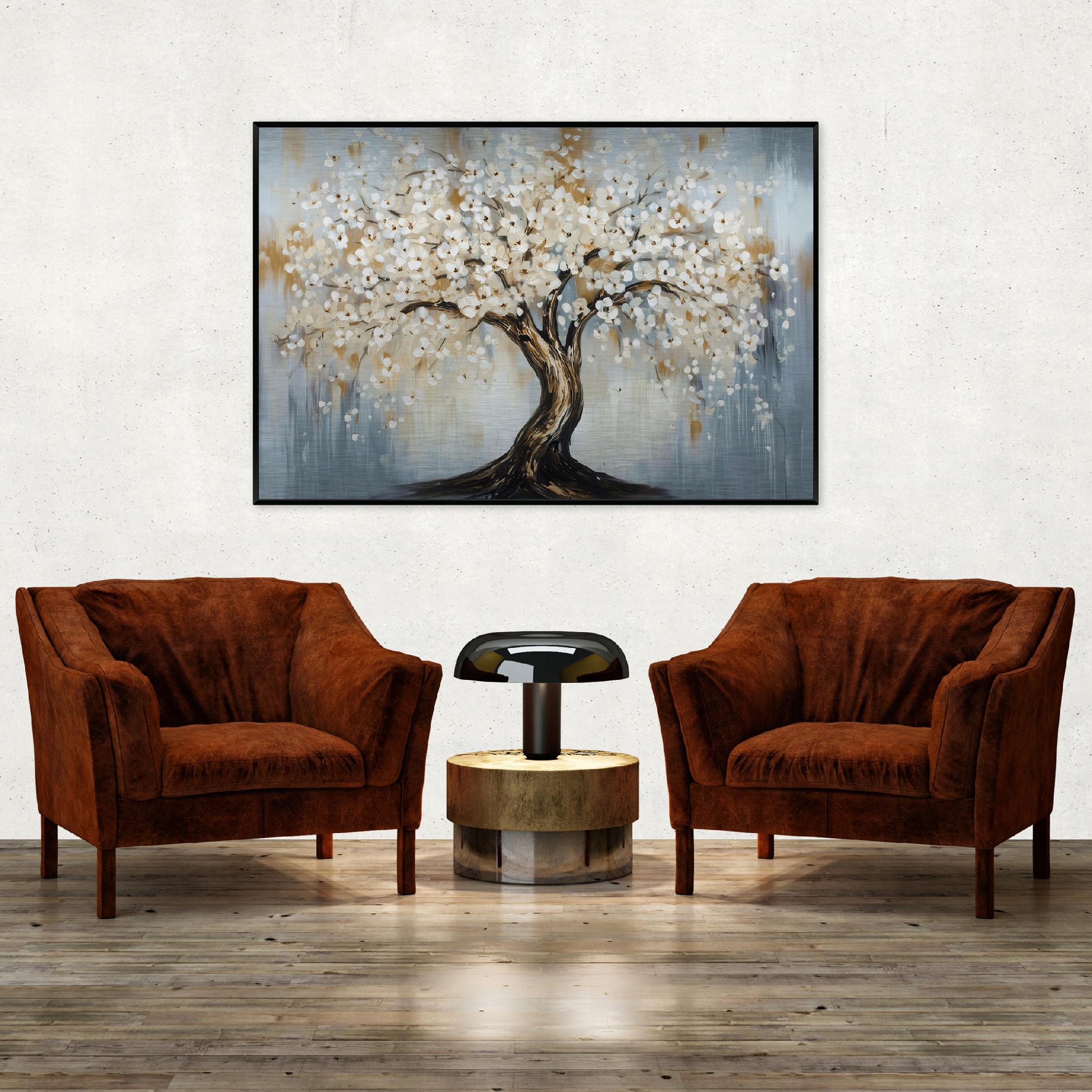 Metal painting in a black frame, tree, flowers, loft, living room, bedroom, 120x80
