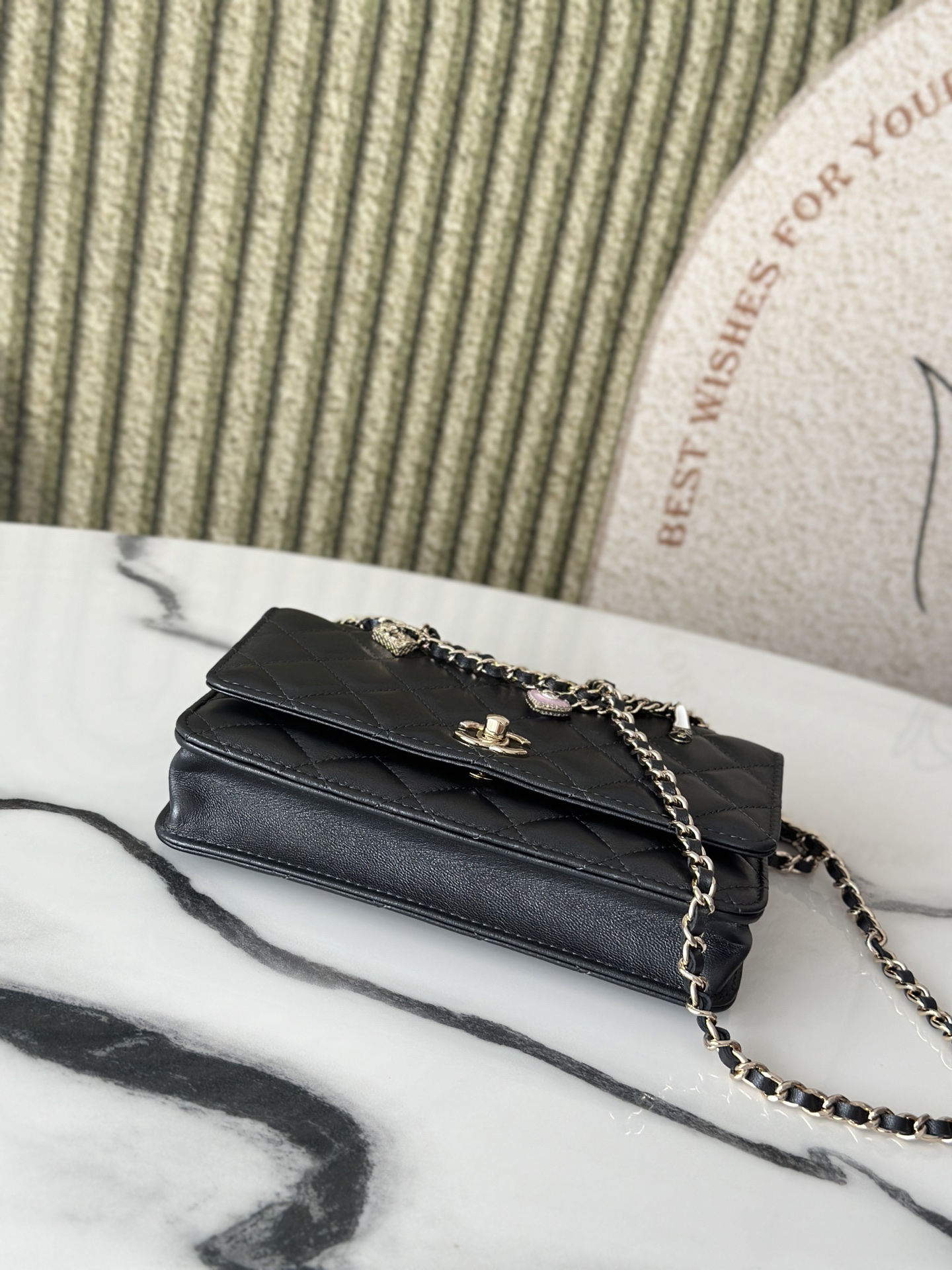 Wallet on Chain with Valentine Charms (AP3984) in Black Lambskin with Gold-Tone Hardware - Mocuir