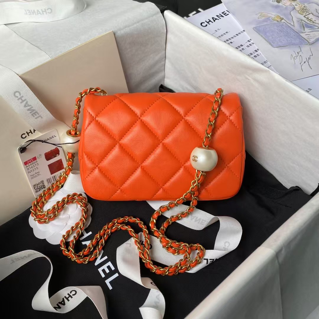 AS4868 Mini Flap Bag Pearl Lambskin Faux Pearl & Gold Metal Orange