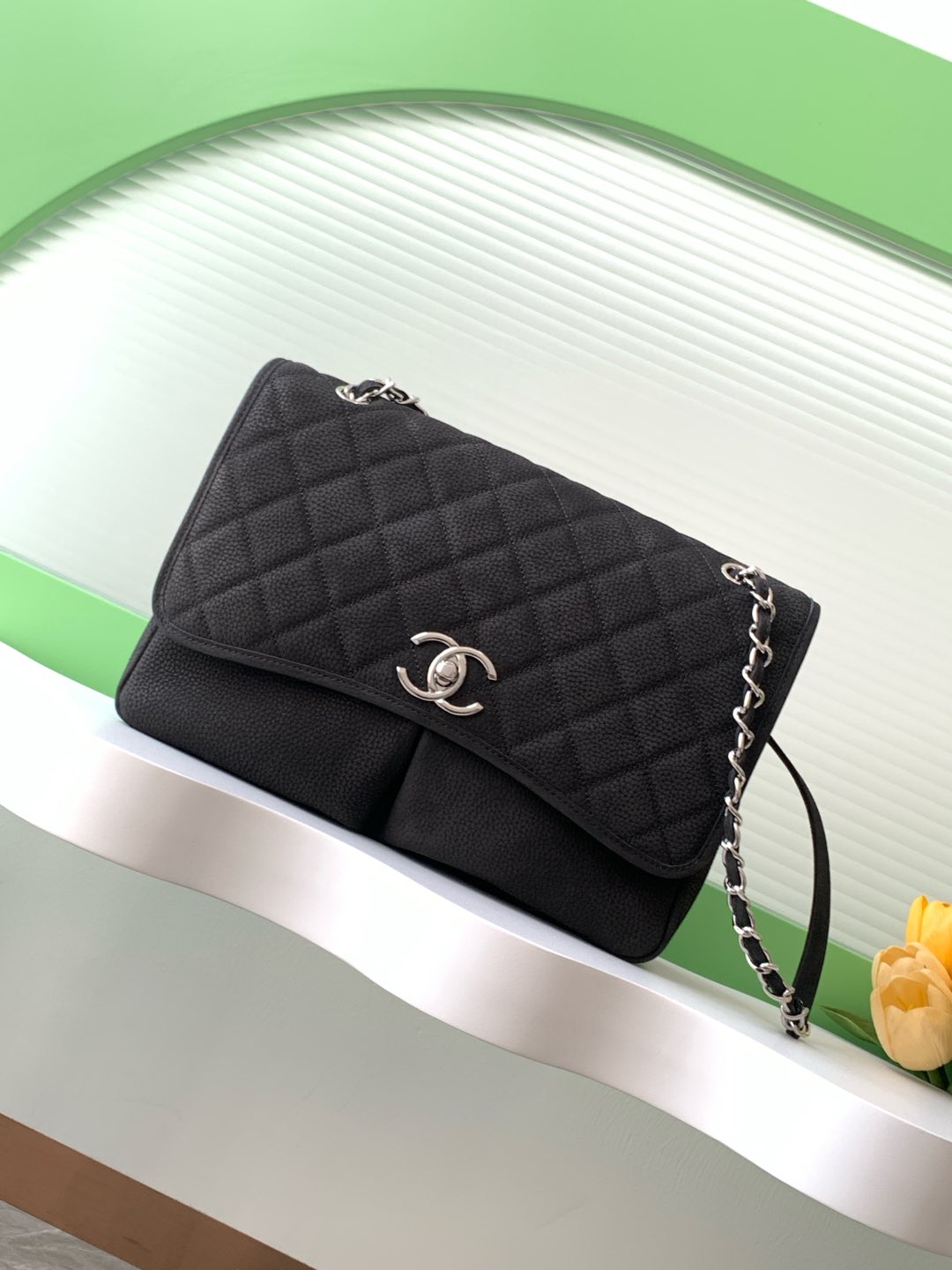 Classic Jumbo Flap Bag in Black Quilted Caviar Leather with Silver-Tone Hardware - Mocuir