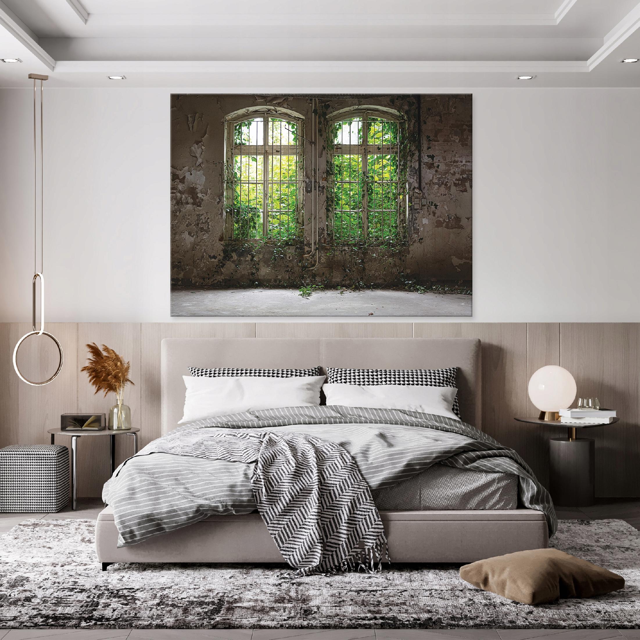 3D painting of a forest and an old building, view of a bedroom and living room, on canvas, 40x30