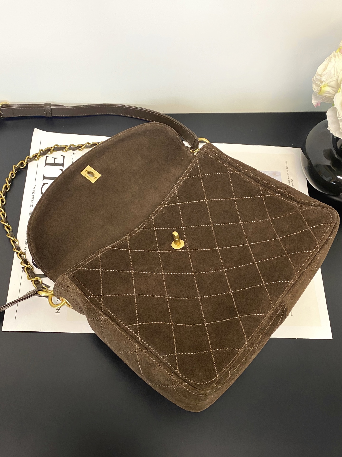 26C Hobo Flap Bag in Dark Brown Suede Calfskin with Gold Hardware (Model AS5886) - Mocuir