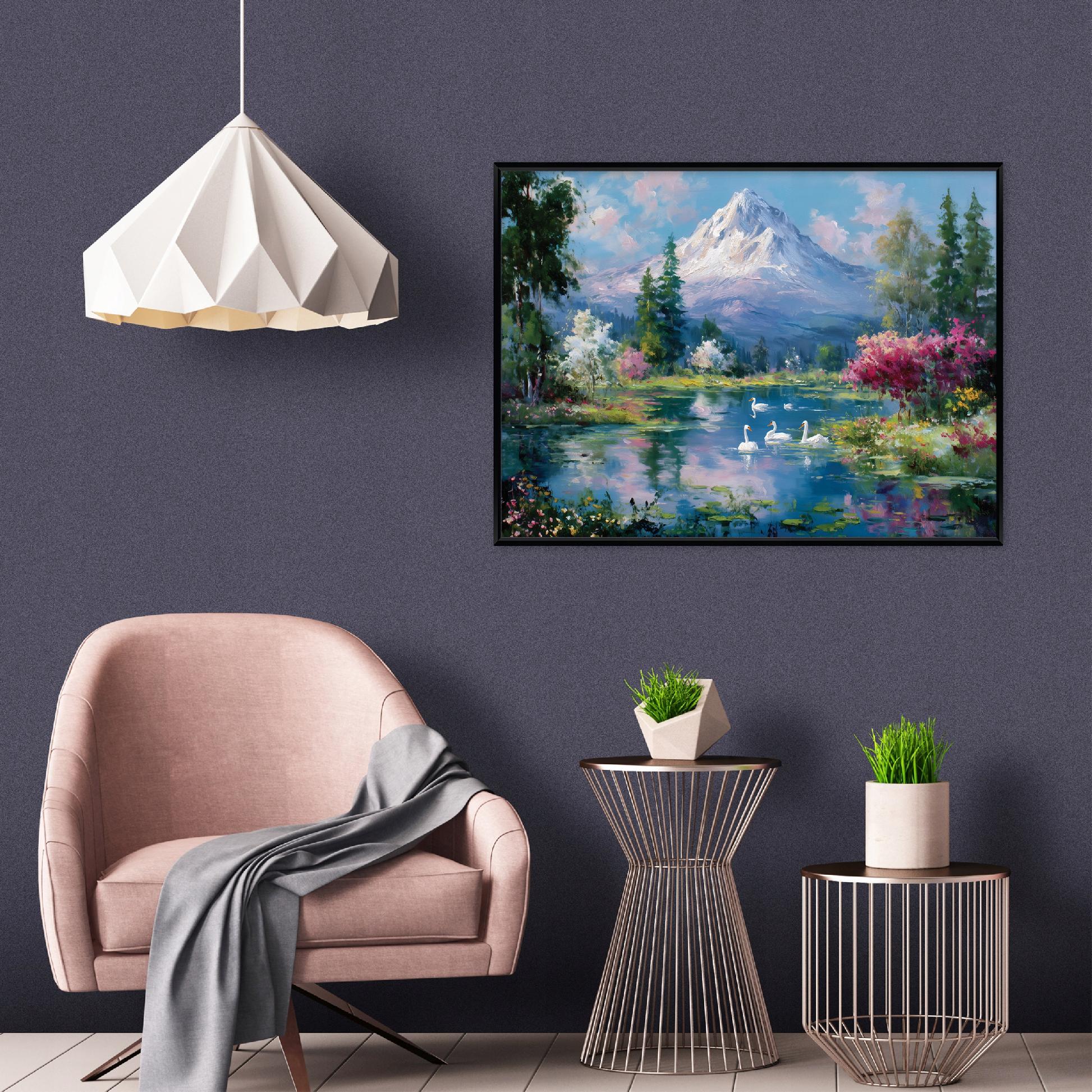 Black-framed canvas painting of mountains, nature, forest, living room, bedroom, 40x30