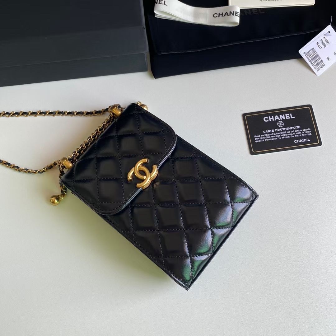 Classic Quilted Lambskin Phone Holder with Gold Ball Chain in Black (Gold Hardware) - Mocuir