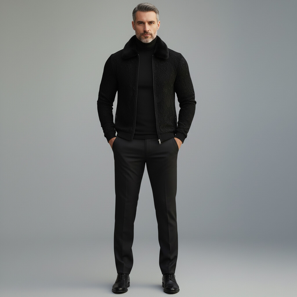 Men's Black Lace Furry Collar Long Sleeve Zip-Up Jacket