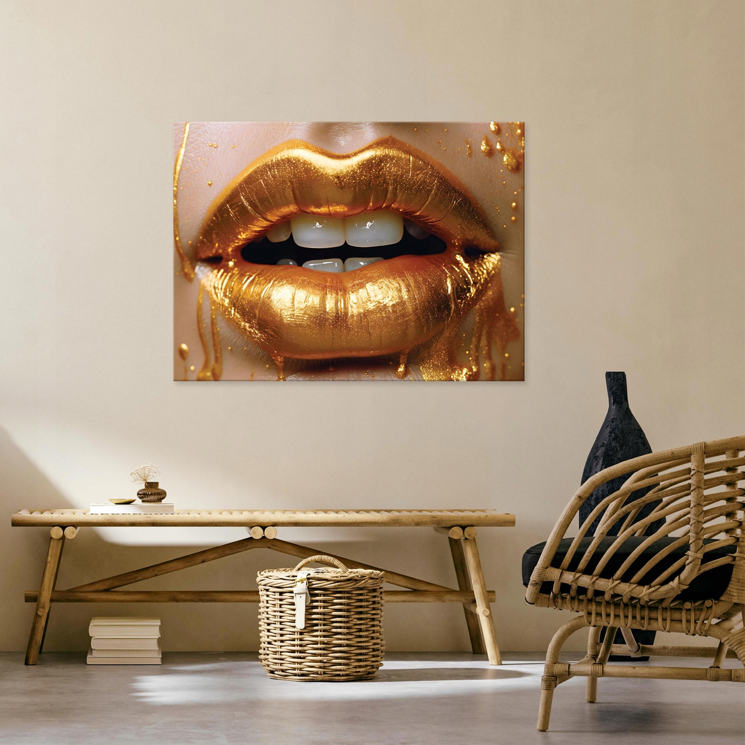 Painting of a woman's face with golden lips on canvas, 60x40