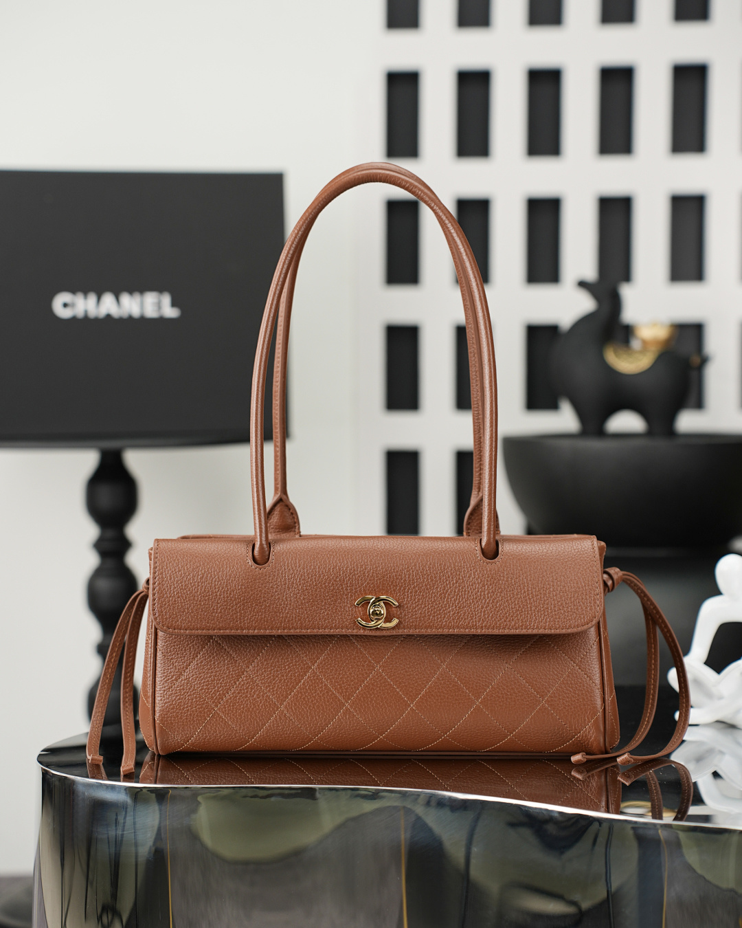 Spring-Summer 2026 Caramel Quilted Caviar Leather Baguette Shoulder Bag with Gold-Tone Hardware & Long Handle - Mocuir