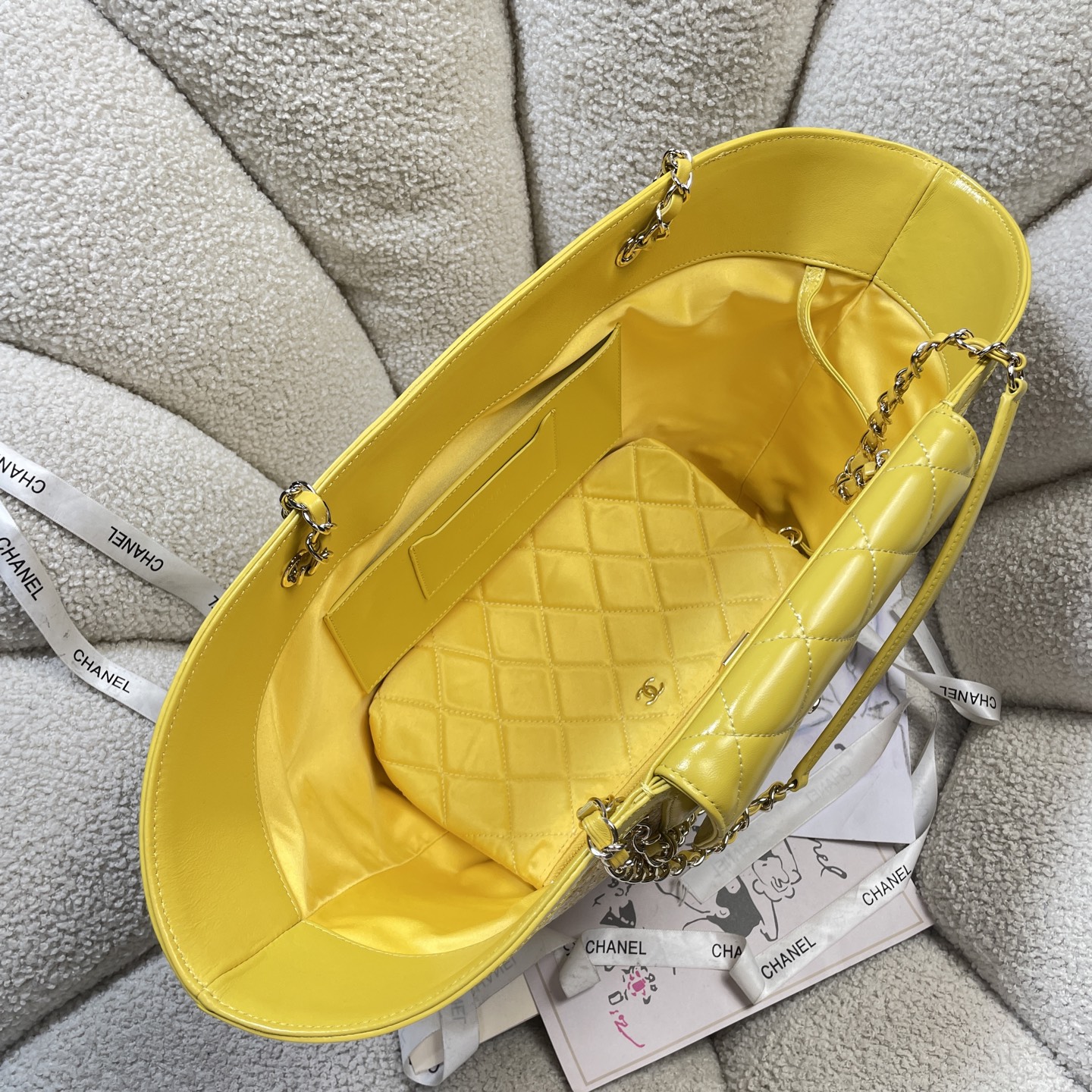 Large Straw & Lambskin Tote Bag with Pouch in Bright Yellow with Light Gold-Tone Hardware, 25C Cruise Collection - Mocuir