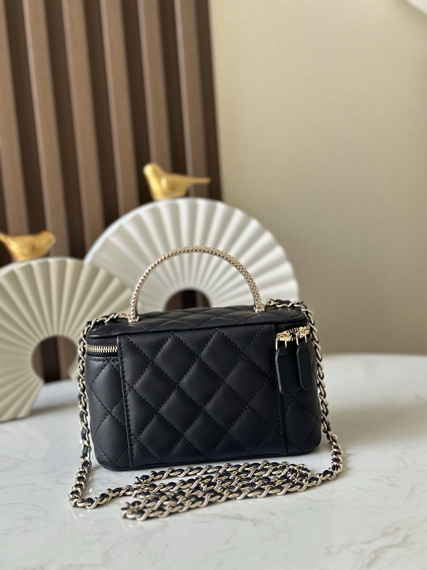 Black Lambskin Quilted Small Vanity Case with Crystal Handle (Model A66068) - Mocuir