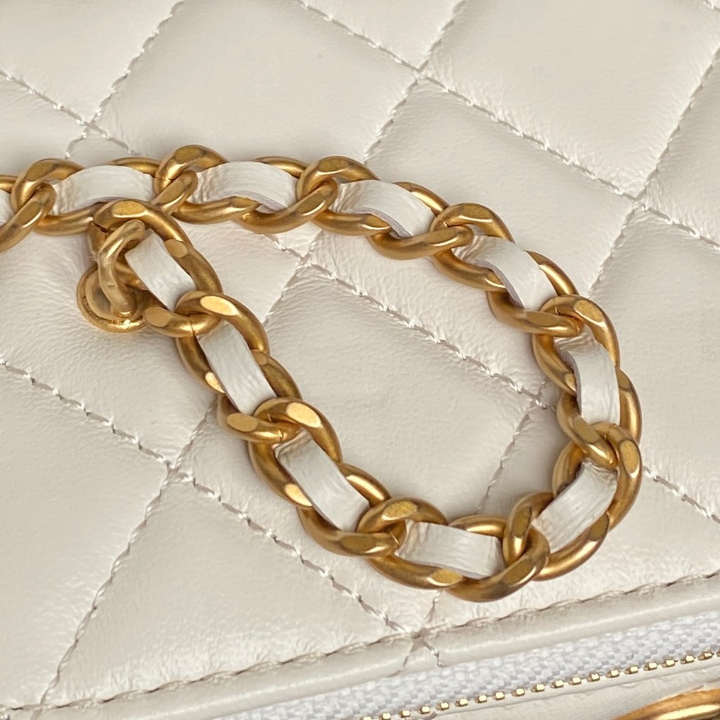 Quilted Lambskin Vanity Case with Chain (AS5184) in White Shiny Lambskin with Gold-Tone Hardware, 25C Collection - Mocuir