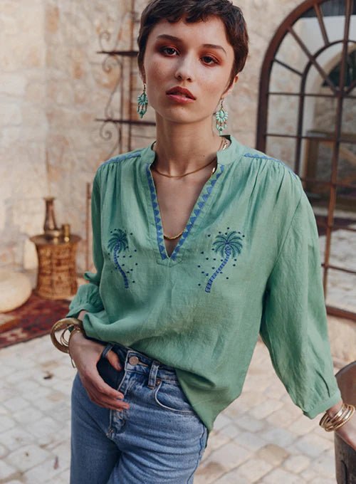 Palm Stitch Linen-Blend Blouse‌